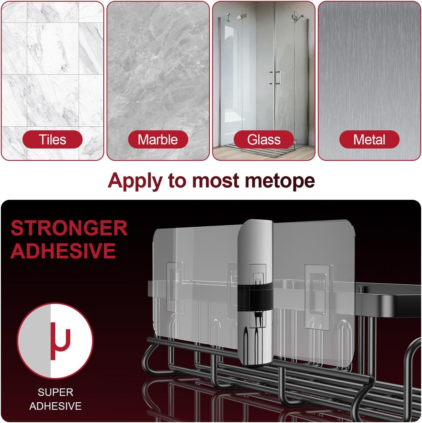 Adhesive Shower Caddy, Shower Shelves with 16 Hooks, Rustproof Shelf Wall Corner Racks for Inside Bath, No Drilling & Sleek Bathroom Organizers and Storage Caddies Soap Holder, 2 Pack