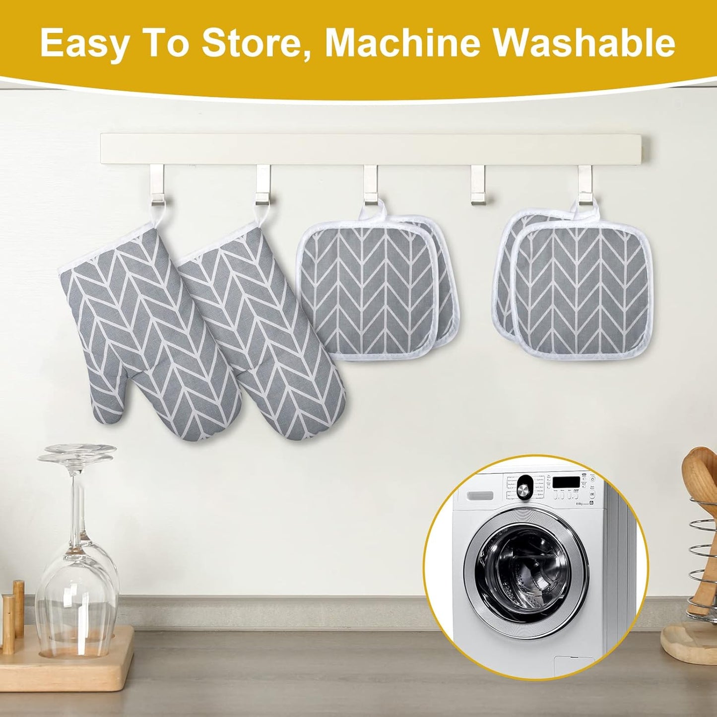 AUAUY Oven Mitts and Pot Holders 6PCS Set, 392°F Heat Resistant Cooking Gloves and Hot Pads Baking Mittens BBQ Gloves, Top Kitchen Gadgets, Non-Slip Kitchen Mittens for Oven Cooking Baking Grilling