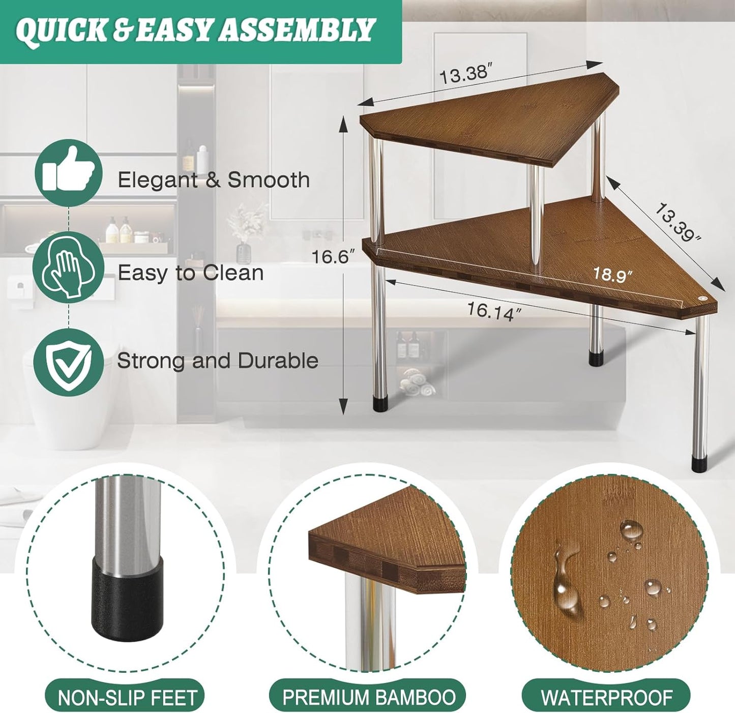 Weenson Bathroom Organizer Countertop, Bathroom Sink Organizer for Toiletries, Makeup, Skincare, Bamboo 2-Tier Kitchen Countertop Organizer for Spice Salt (Brwon)