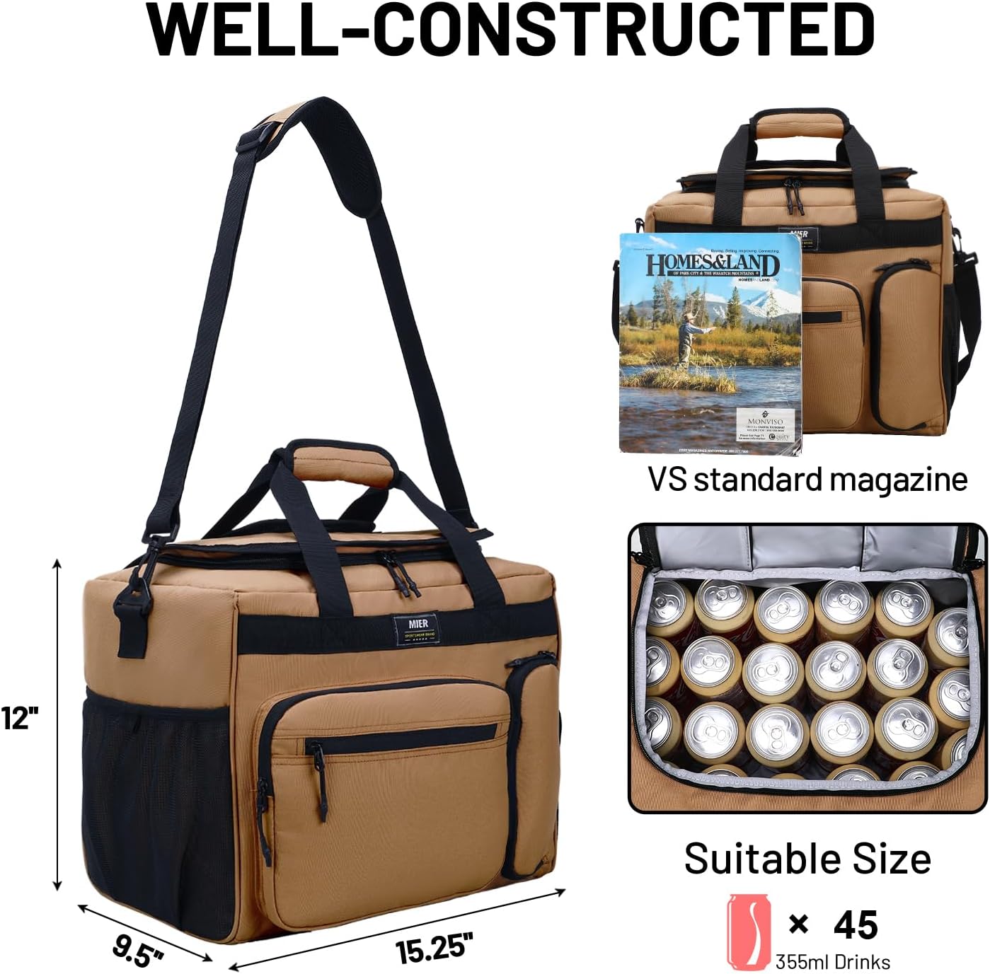 MIER 30L Extra Large Soft Cooler Bag with Bottle Opener for Camping Beach BBQ Grocery Golf Leakproof Picnic Lunch Bag, Collapsible, Top Flip Lid, 45Can (Khaki)