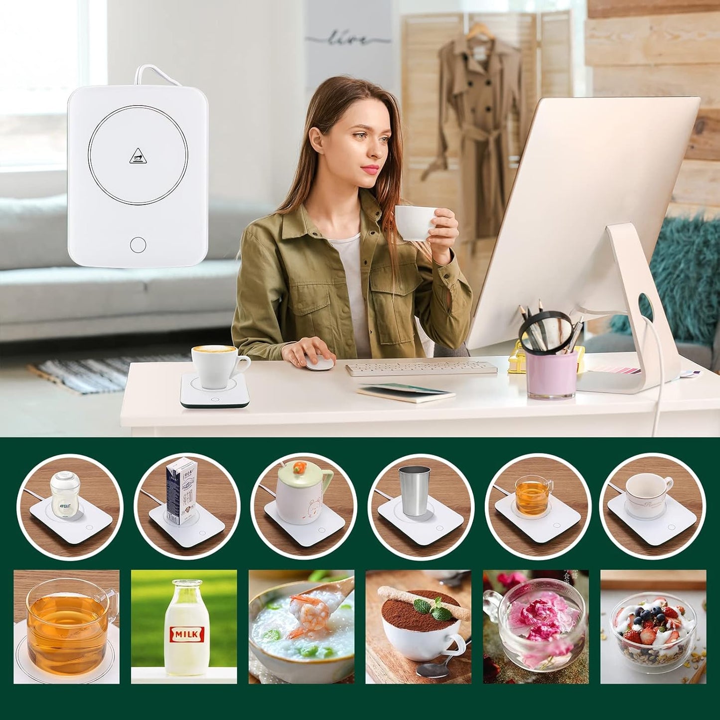 Misby Coffee Warmer, Coffee Cup Warmer with Auto Shut Off, Gravity-Induction Coffee Warmer for Desk Use, Coffee Mug Warmer for Coffee Lovers Gift Keep Beverages Coffee Warmer (Green)