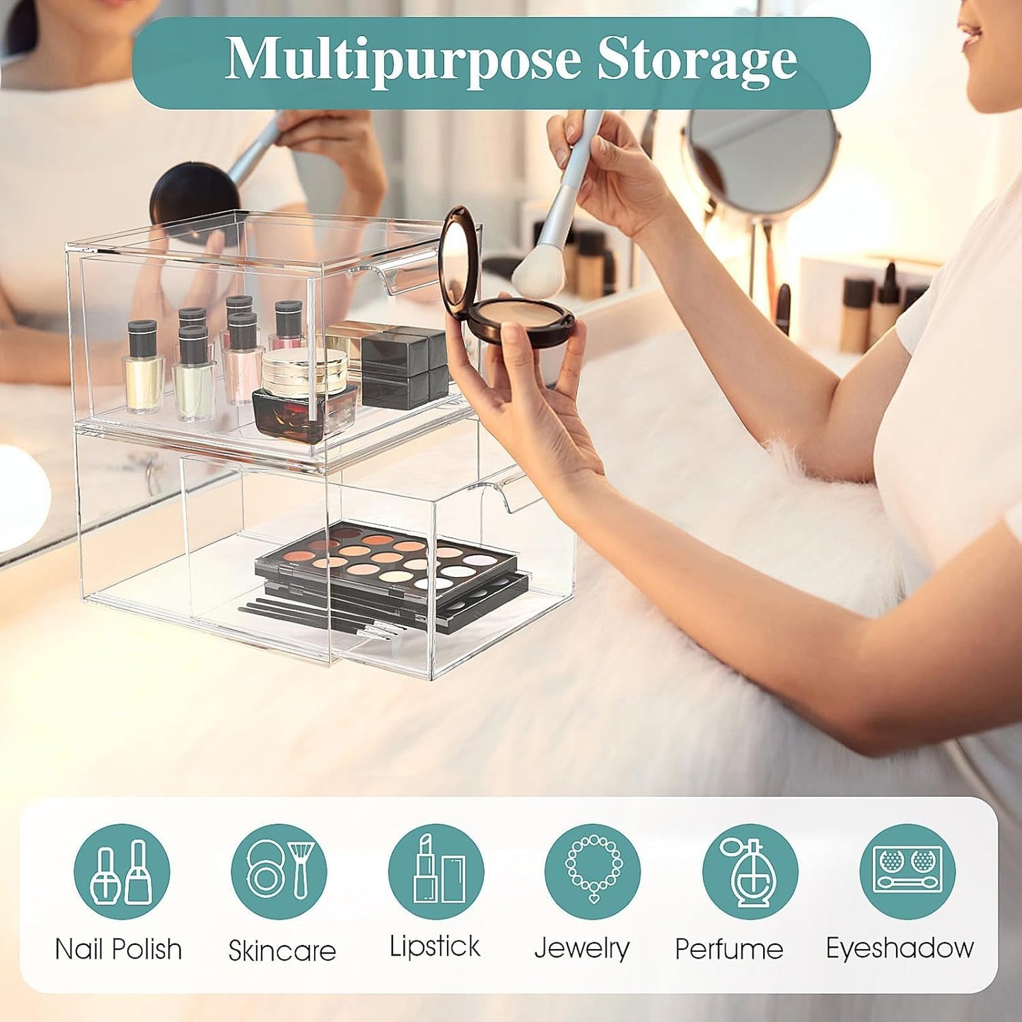 3 Pack Stackable Makeup Organizer and Storage, Acrylic Organizers,Clear Plastic Storage Drawer with Handles for Vanity, Undersink, Kitchen Cabinets, Pantry