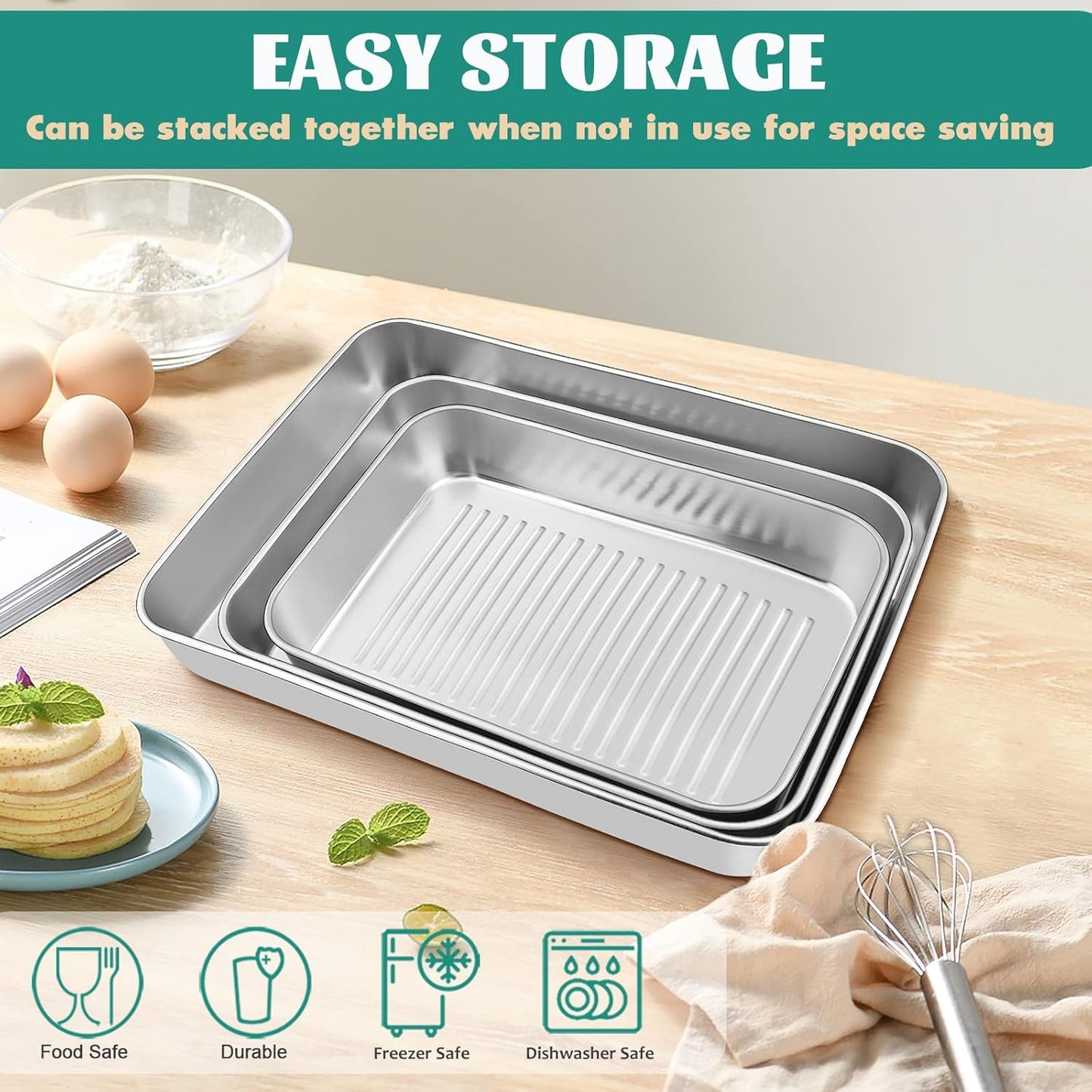 Baking Pans Set of 3, E-far Stainless Steel Sheet Cake Pan for Oven - 12.5/10.5/9.4Inch, Rectangle Textured Pan Tray Set for Lasagna Brownie Casserole Cookie, Non-toxic & Healthy, Dishwasher Safe