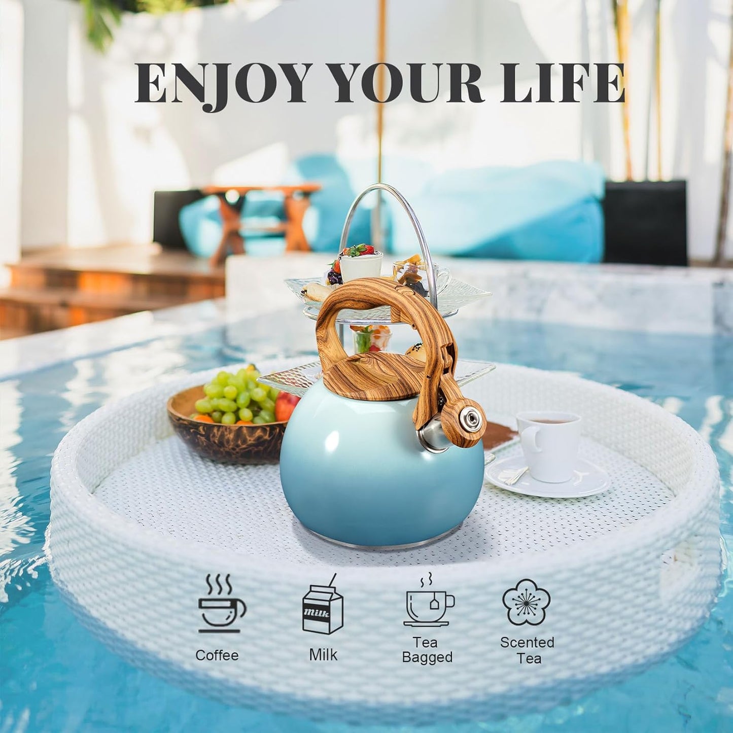 GGC Tea Kettle for Stove Top, 3.1QT/3L Whistling Tea Kettles for Boiling Water Coffee or Milk, Gradient Gray Tea Pot with Wood Parttern Handle, Stainless Steel Tea Pot for Home and Kitchen