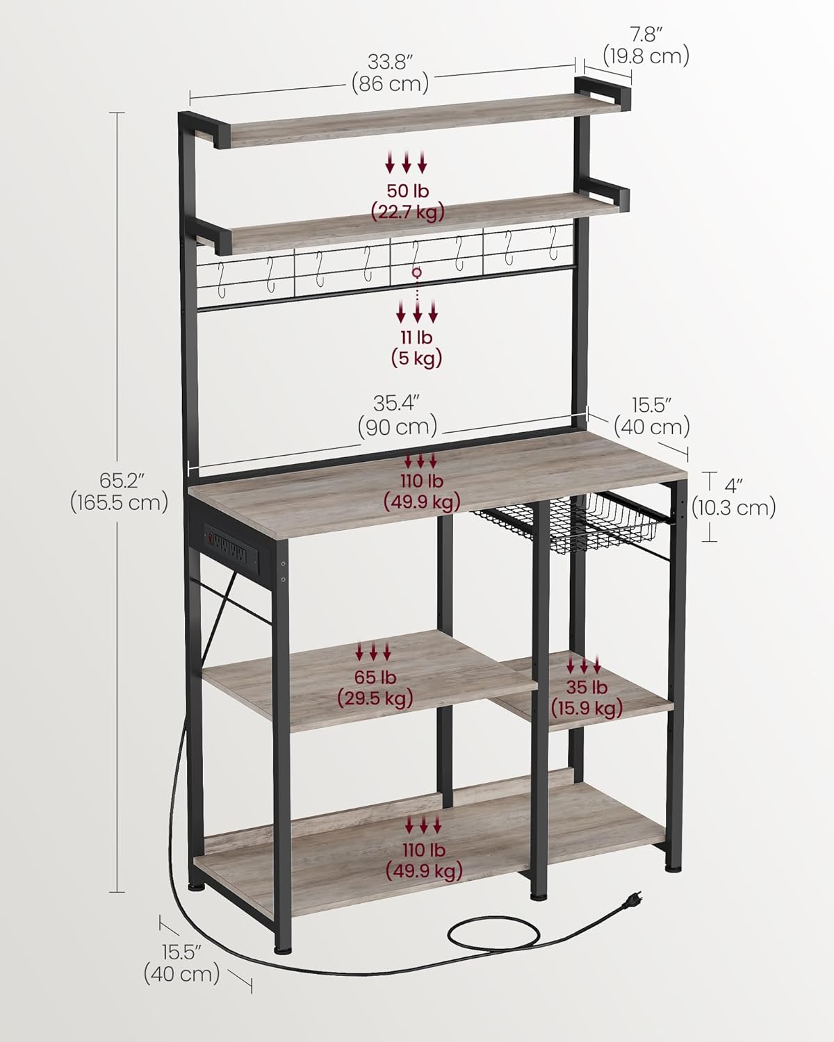 VASAGLE Bakers Rack with Power Outlet, 35.4 Inches Microwave Stand, Coffee Bar, 4 AC Outlets, with Adjustable Shelves, 8 S-Hooks, Basket, Spice Racks, Heather Greige and Ink Black UKKS031K02