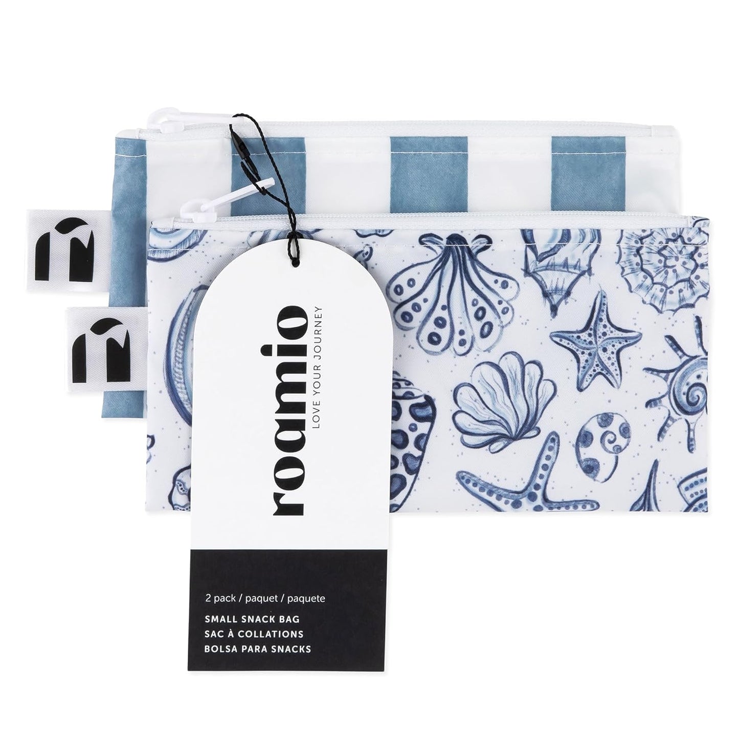 Roamio Reusable Snack Bags, for Kids School Lunch and for Adults Portion, Washable Fabric, Waterproof Cloth Zip Bag, Supplies Pack Travel Pouch, Food-Safe Storage, 2-pk Nautical Stripe and Blue Shells