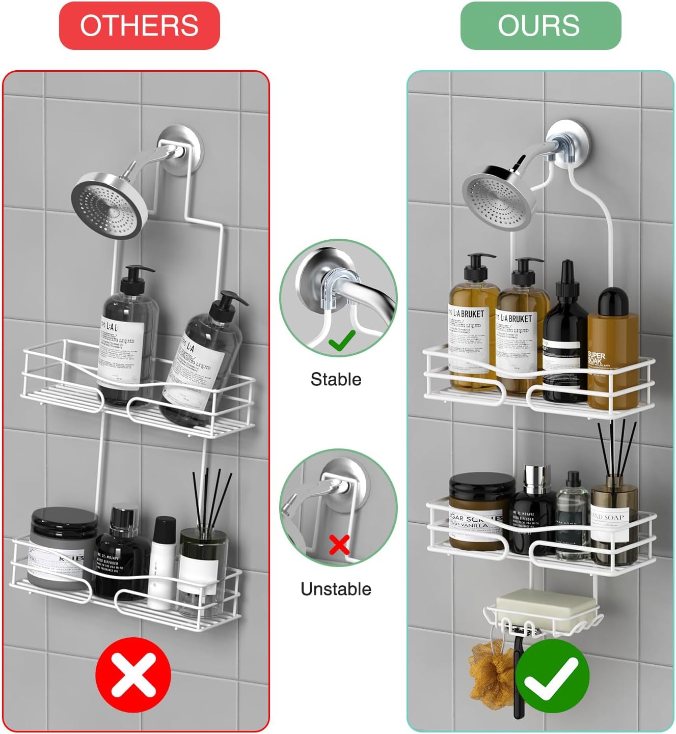 Over Head Shower Caddy - Bathroom Shower Organizer with Soap Holder & 6 Hooks for Towels, White, 76L Capacity, Hanging Mount, Rust Resistant