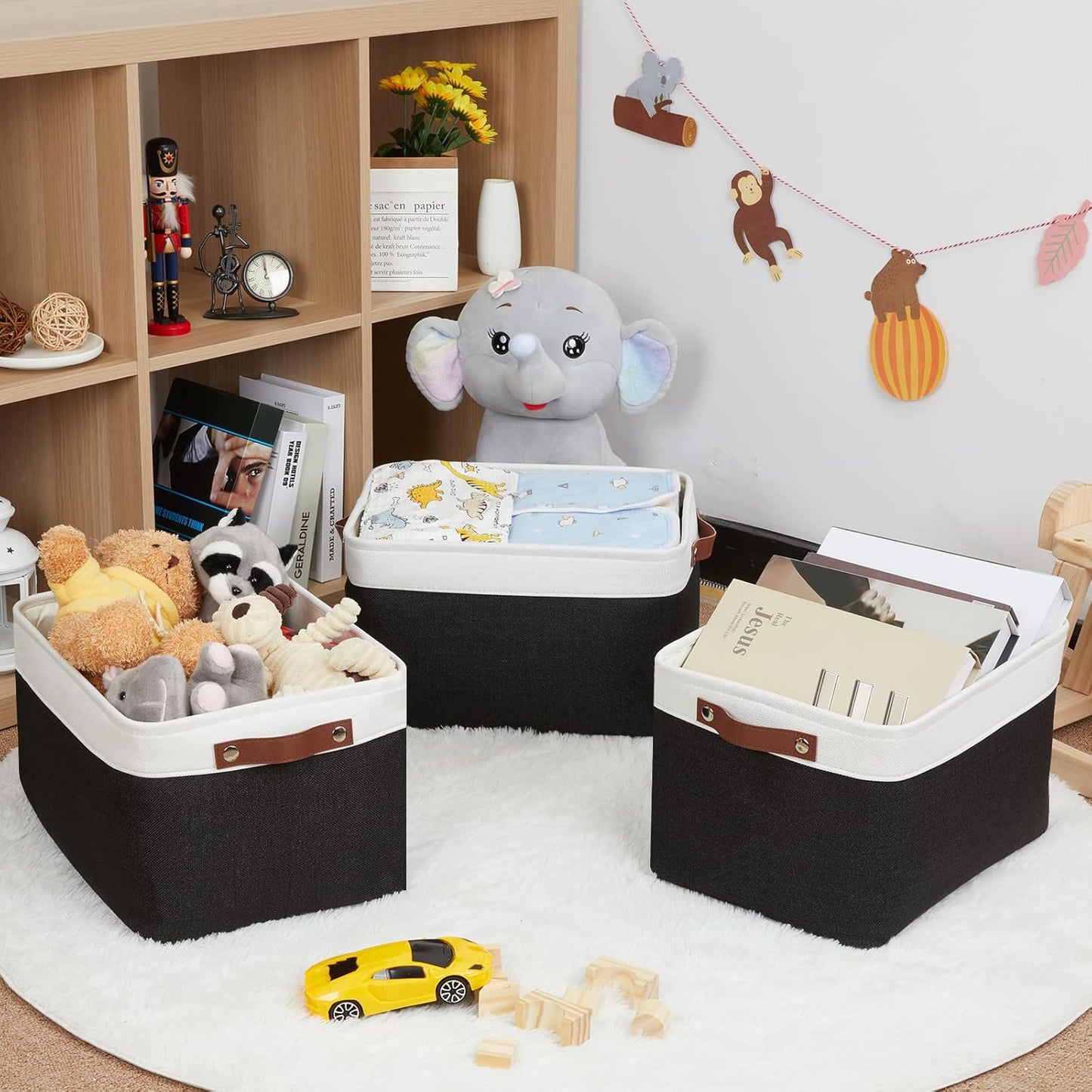 HNZIGE Large Storage Baskets (3 Pack) - Fabric Bins with Leather Handles, Foldable for Organizing Clothes, Toys (Black & White, 15" x 11" x 9.5")