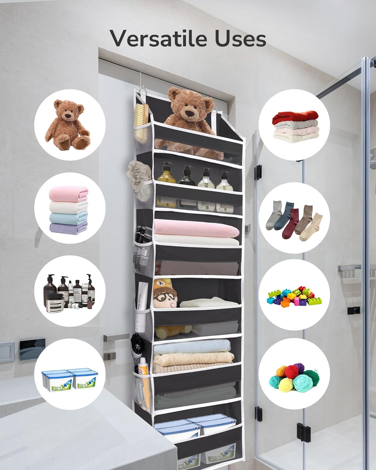 ULG Over The Door Organizer with 6 Large Pockets 12 Side Pockets, 50lbs Weight Capacity Door Hanging Organizer for Bedroom, Bathroom Black