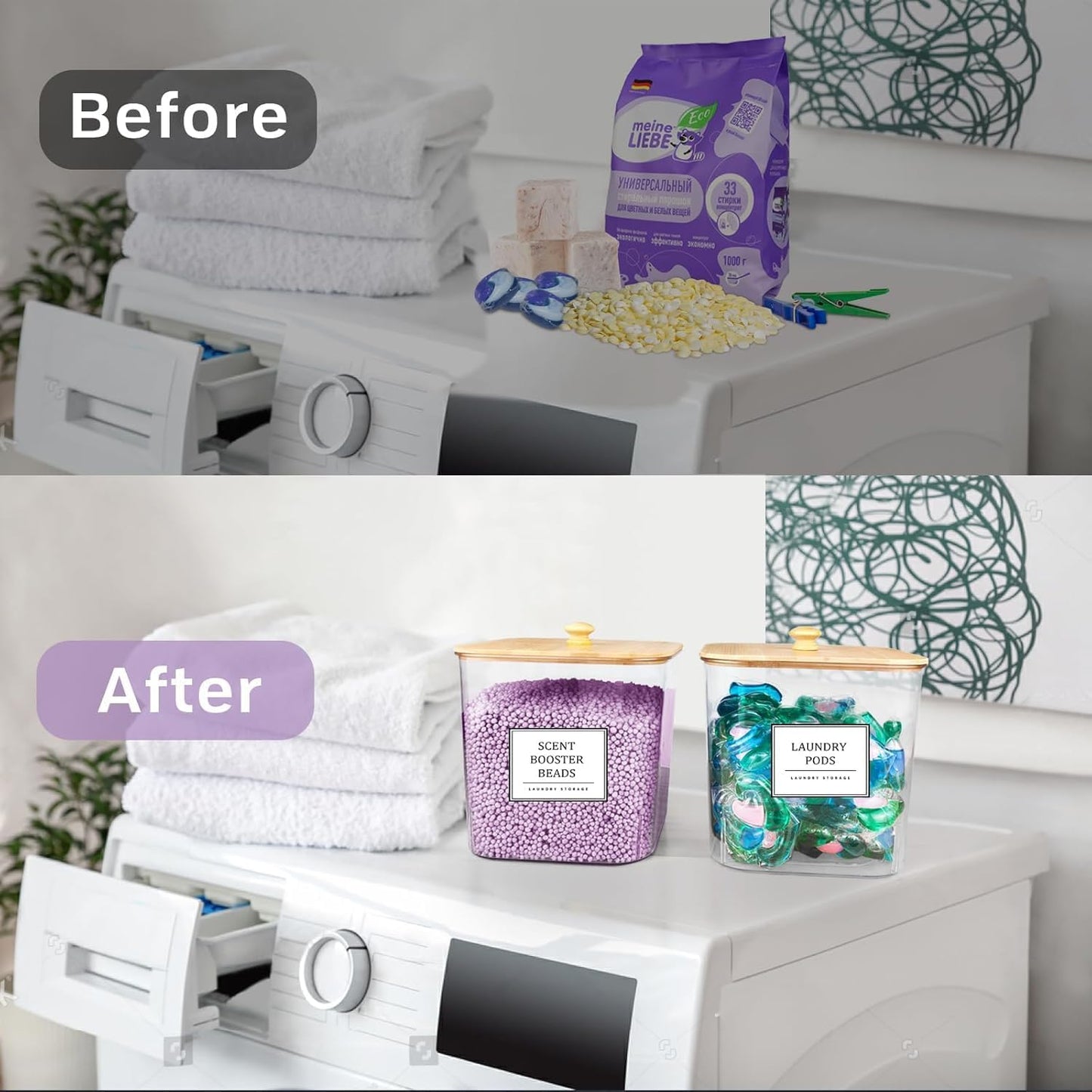 4 Pack Clear Laundry Pod Container, Laundry Room Organization Containers with Wooden Lids & Labels - Large Detergent Powder Storage for Room Organization, Scent Booster Holder