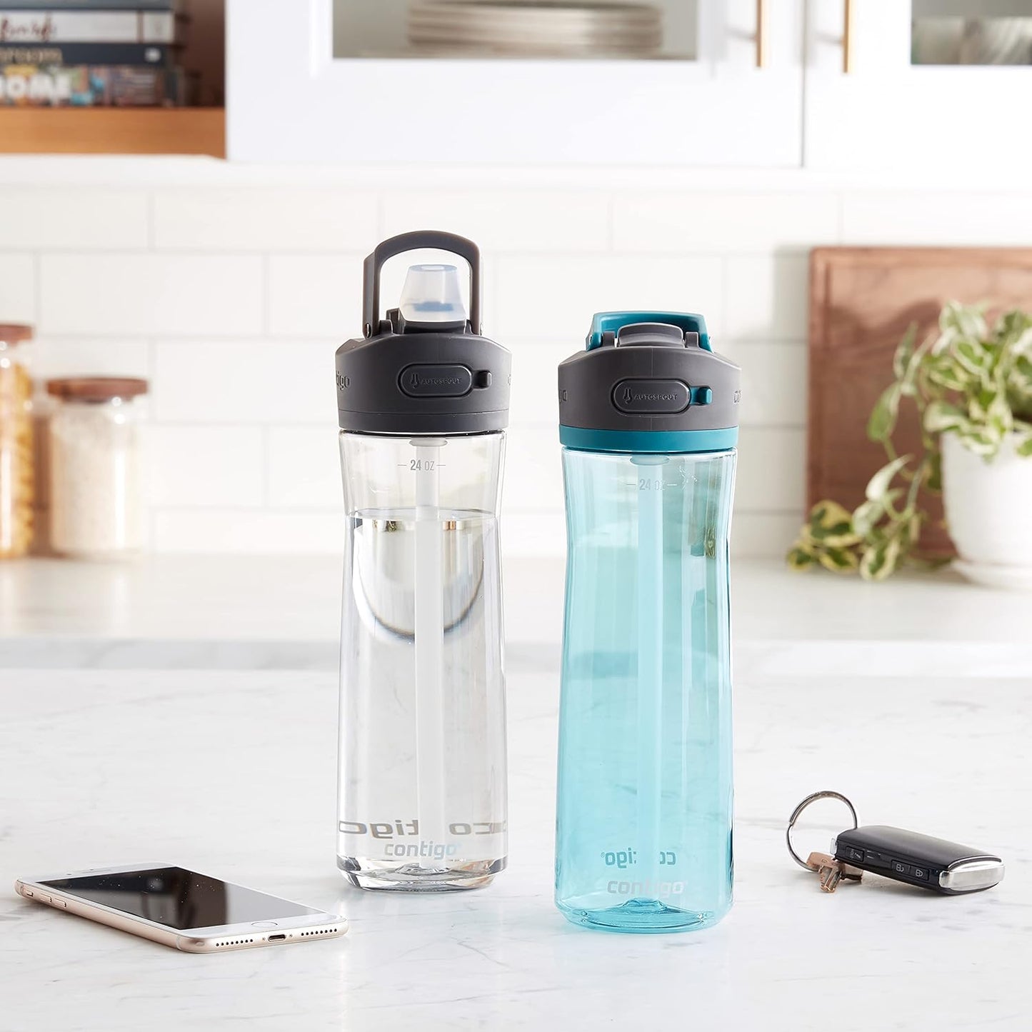 Contigo Ashland 2.0 Leak-Proof Water Bottle with Lid Lock and Angled Straw, Dishwasher Safe, Interchangeable Lid, 2-Pack, 24oz, Juniper/Sake