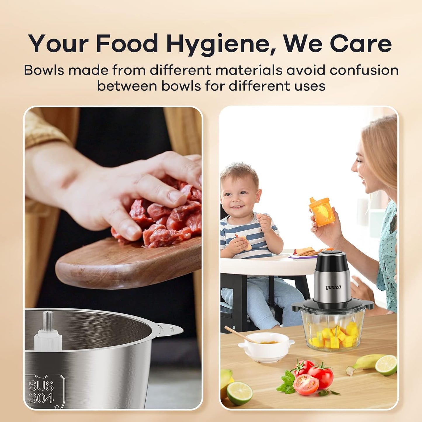 GANIZA Food Processors, Electric Food Chopper with Meat Grinder & Vegetable Chopper - 2 Bowls (8 Cup+8 Cup) with Powerful 450W Copper Motor - Includes 2 Sets of Bi-Level Blades (B0FNCM5JNM)