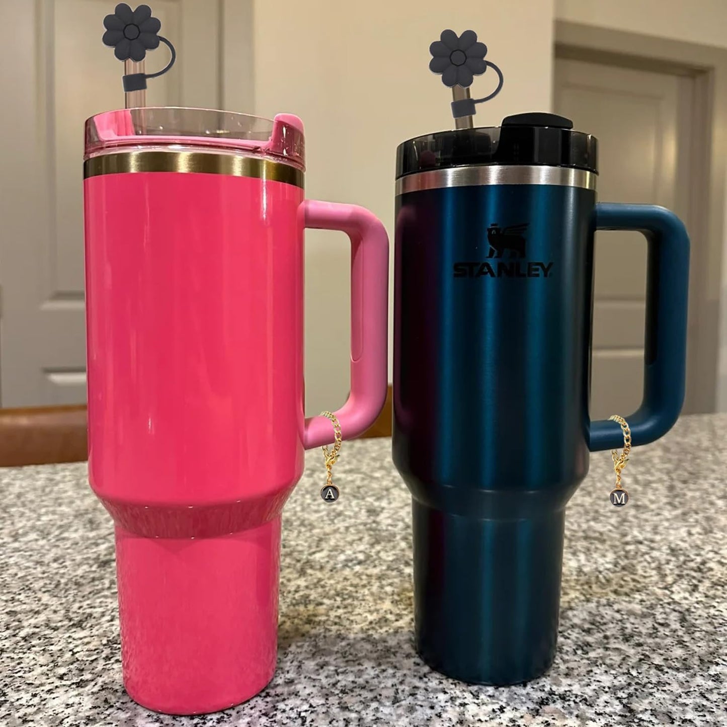 Stanley Cup Accessories, 1pc Flower Stanley Straw Cover Silicone Straw Topper for Stanley 30&40 oz Tumbler with Handle and 1pc Initial Letter Charm for Stanley Cup (Letter D)