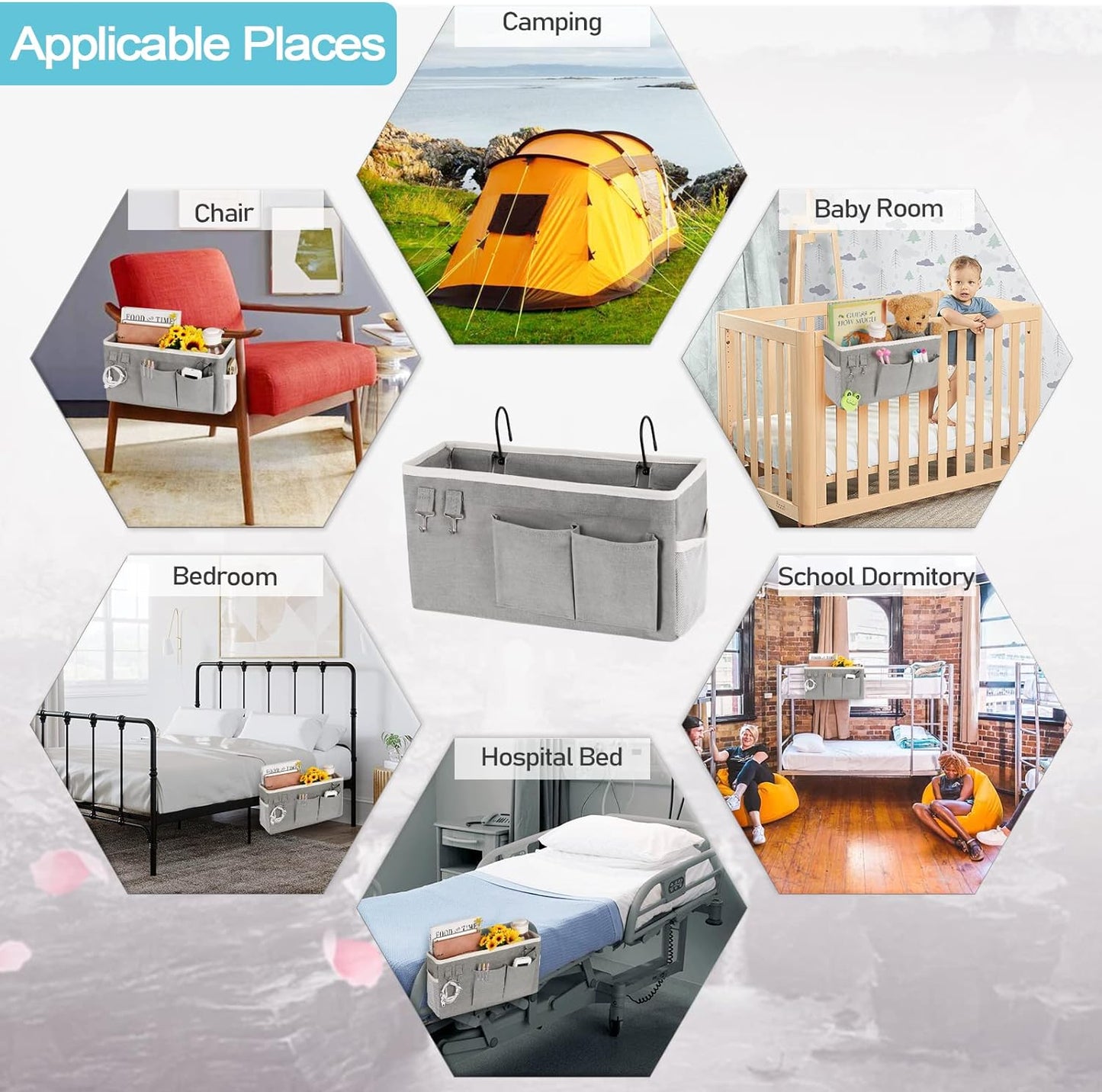 Loghot Bedside Caddy/Bedside Storage Bag Hanging Organizer for Bunk and Hospital Beds,Dorm Rooms Bed Rails,Can be Placed Glasses,Books,Mobile Phones,Keys (Grey)