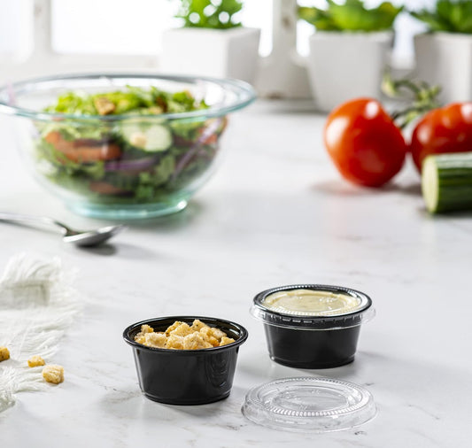 (2 oz - 100 Sets) Black Diposable Plastic Portion Cups With Lids, Small Mini Containers For Portion Controll, Jello Shots, Meal Prep, Sauce Cups, Slime, Condiments, Medicine, Dressings, Crafts