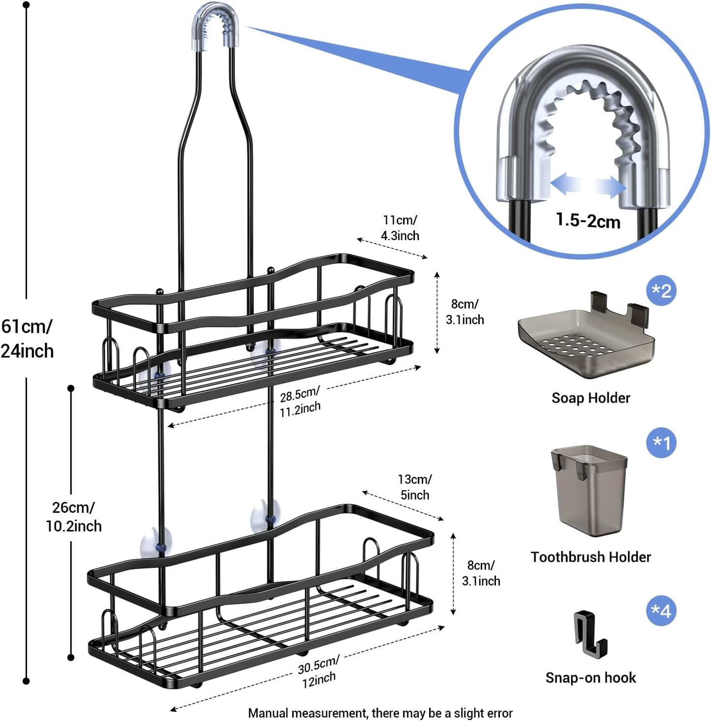 Hanging Shower Caddy Bathroom Organizer: Rustproof Shower Shelf Racks Over Shower Head - No Drilling Inside Bath Shower Rack Shelves Over Showerhead for Shampoo with Soap Holder Black