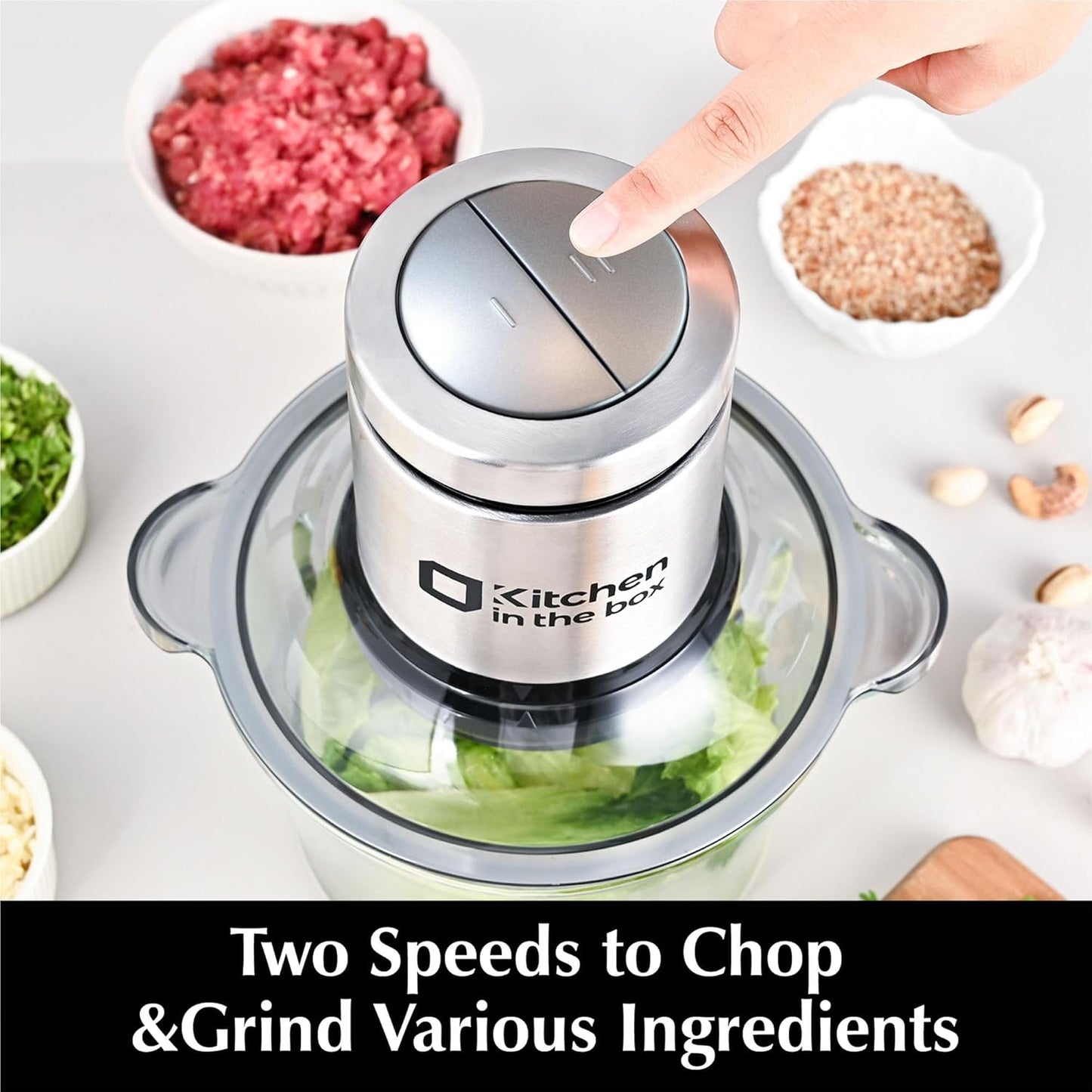 Kitchen in the box Food Processor, Electric Meat Grinder & Food Chopper with 400W Powerful Veggie Chopper-2 Bowls(8 Cup+8 Cup) & 2 Bi-Level Blades for Meat/Fish/Vegetable/Baby Food(Sliver Button)