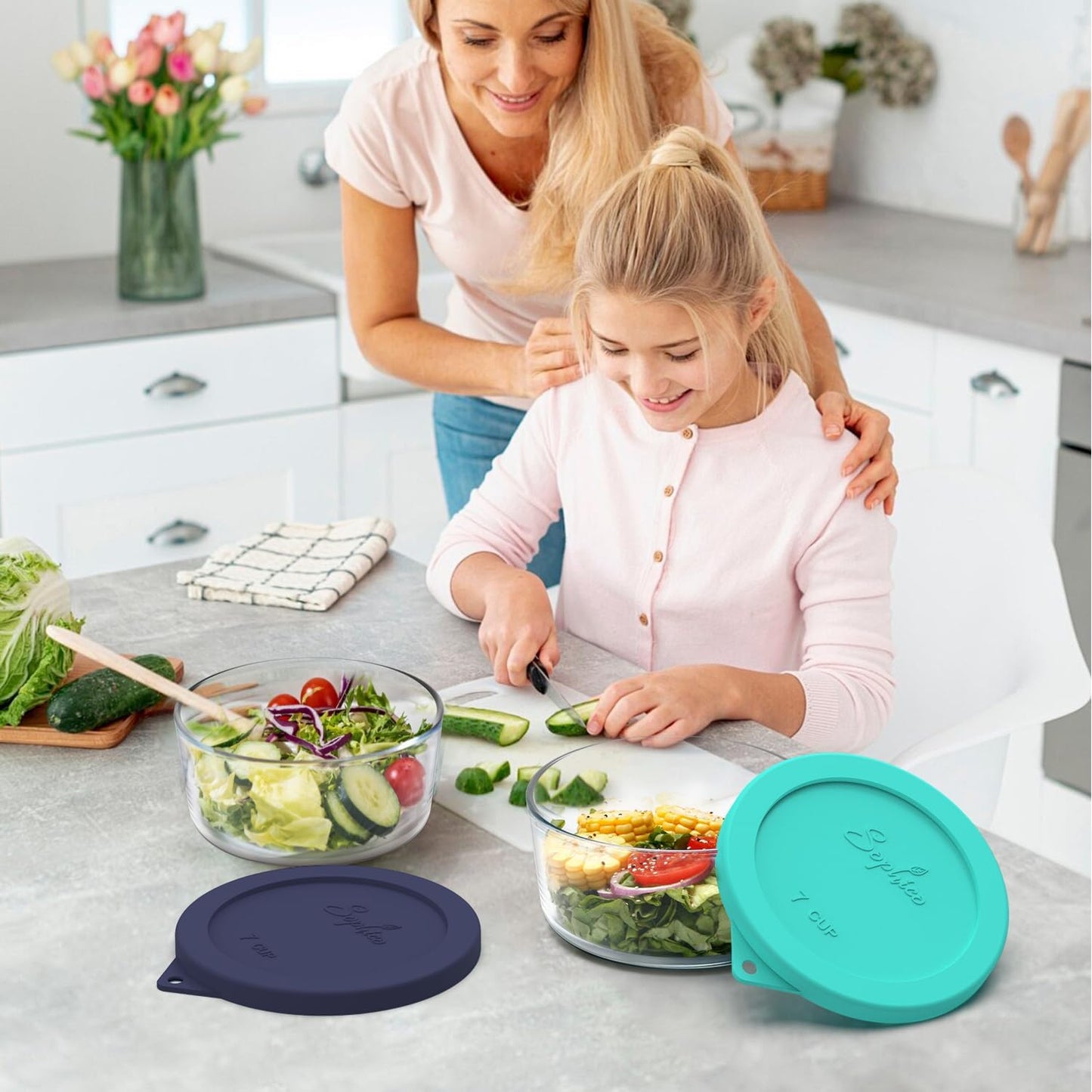 Sophico Round Silicone Storage Cover Lids Replacement for Anchor Hocking and Pyrex 7402-PC 6/7 Cup Glass Bowls (Container not Included) (Navy blue - 1 pack)