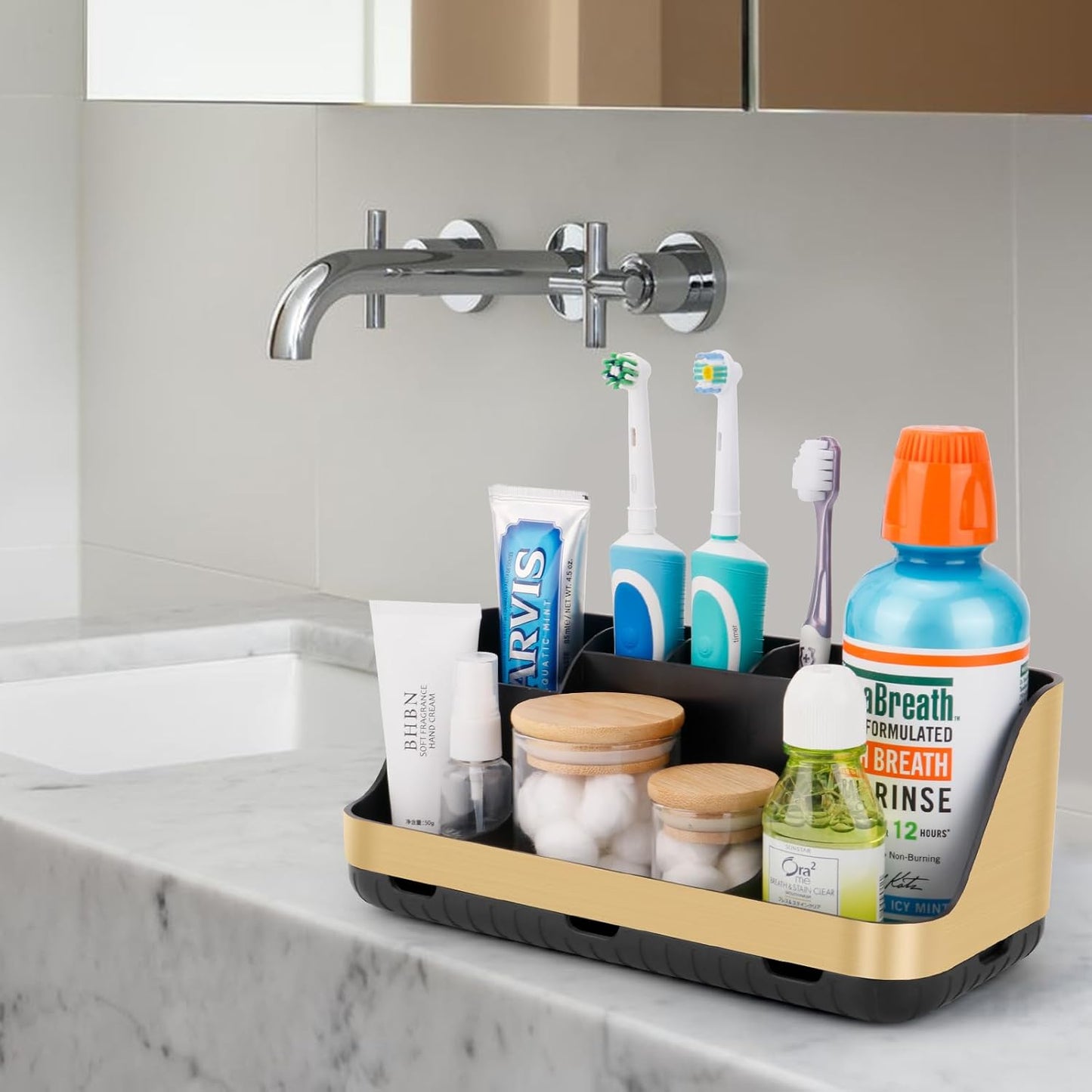 Gold Toothbrush Holders for Bathrooms Countertop Organizer - Detachable 7 Slots Electric Toothbrush and Toothpaste Holder, Kids Organization and Storage, Restroom Accessories Vanity Stuff