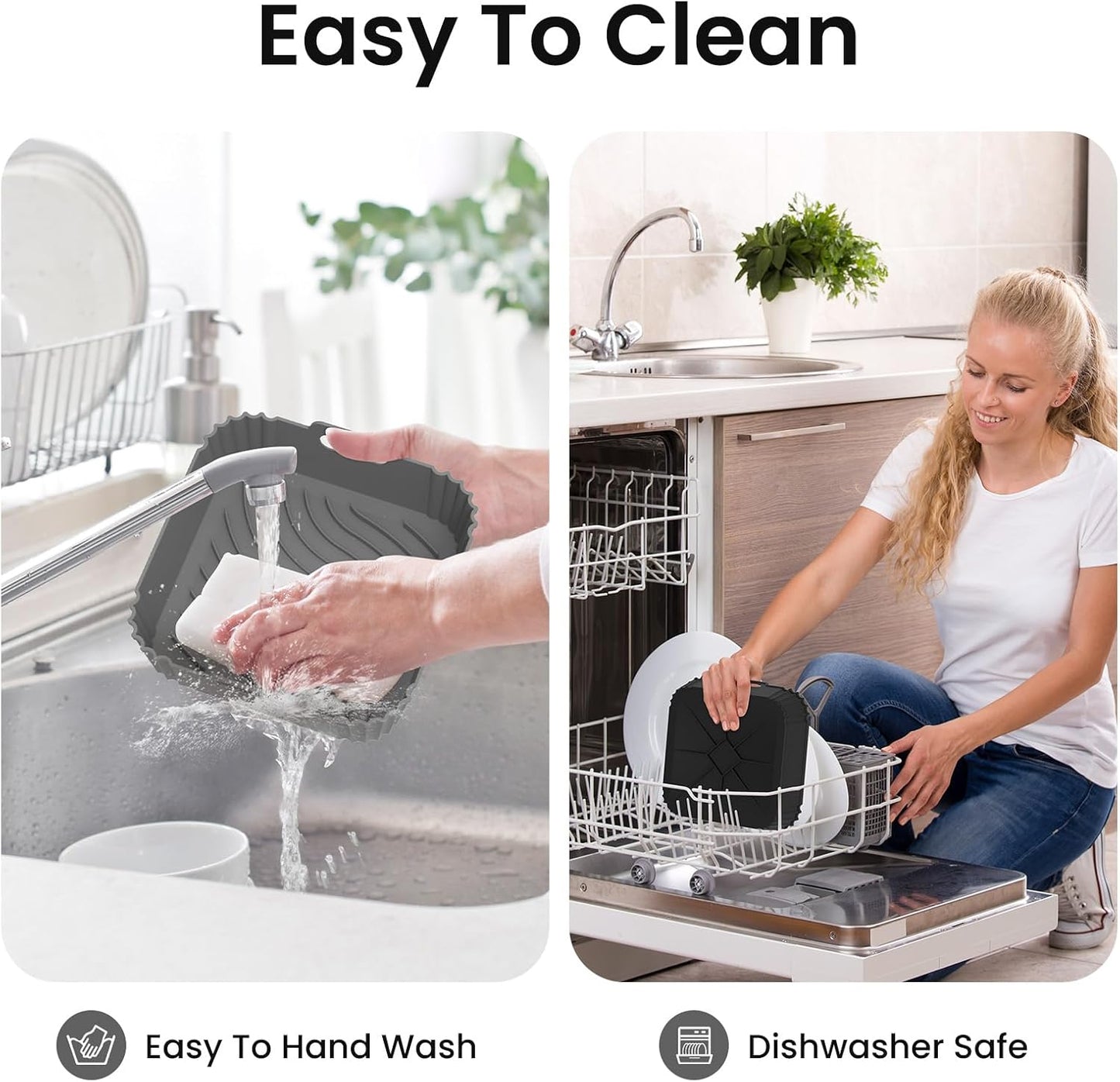 Redfly 2 Pack Silicone Air Fryer Liners, Square Reusable Non-Stick Basket Inserts for 6-8 QT Air Fryers, Dishwasher Safe Parchment Paper Replacement Accessories Gray & Black