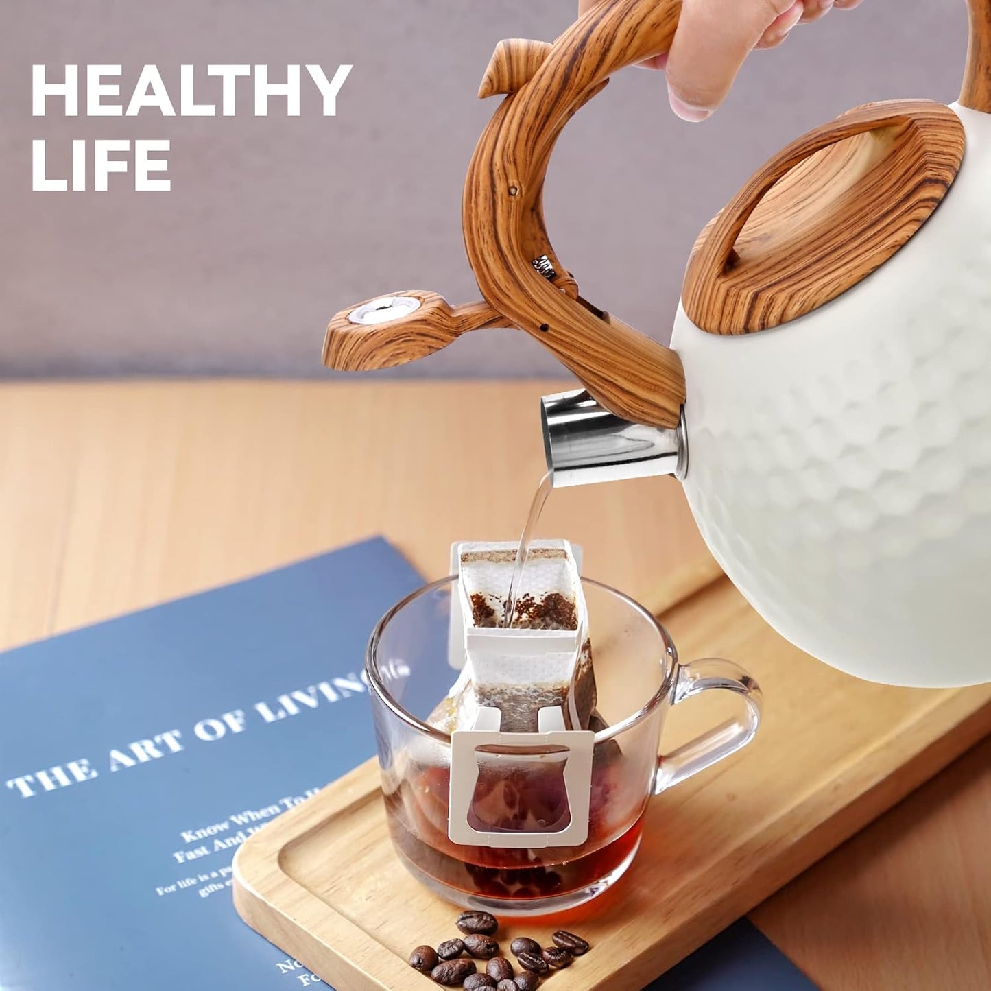 Tea pot, 3.2Qt Whistling Tea Kettle Stovetop, Convenient switch/heat-resistant handle, coffee, tea, milk teapots, Gas Electric Applicable (cream)