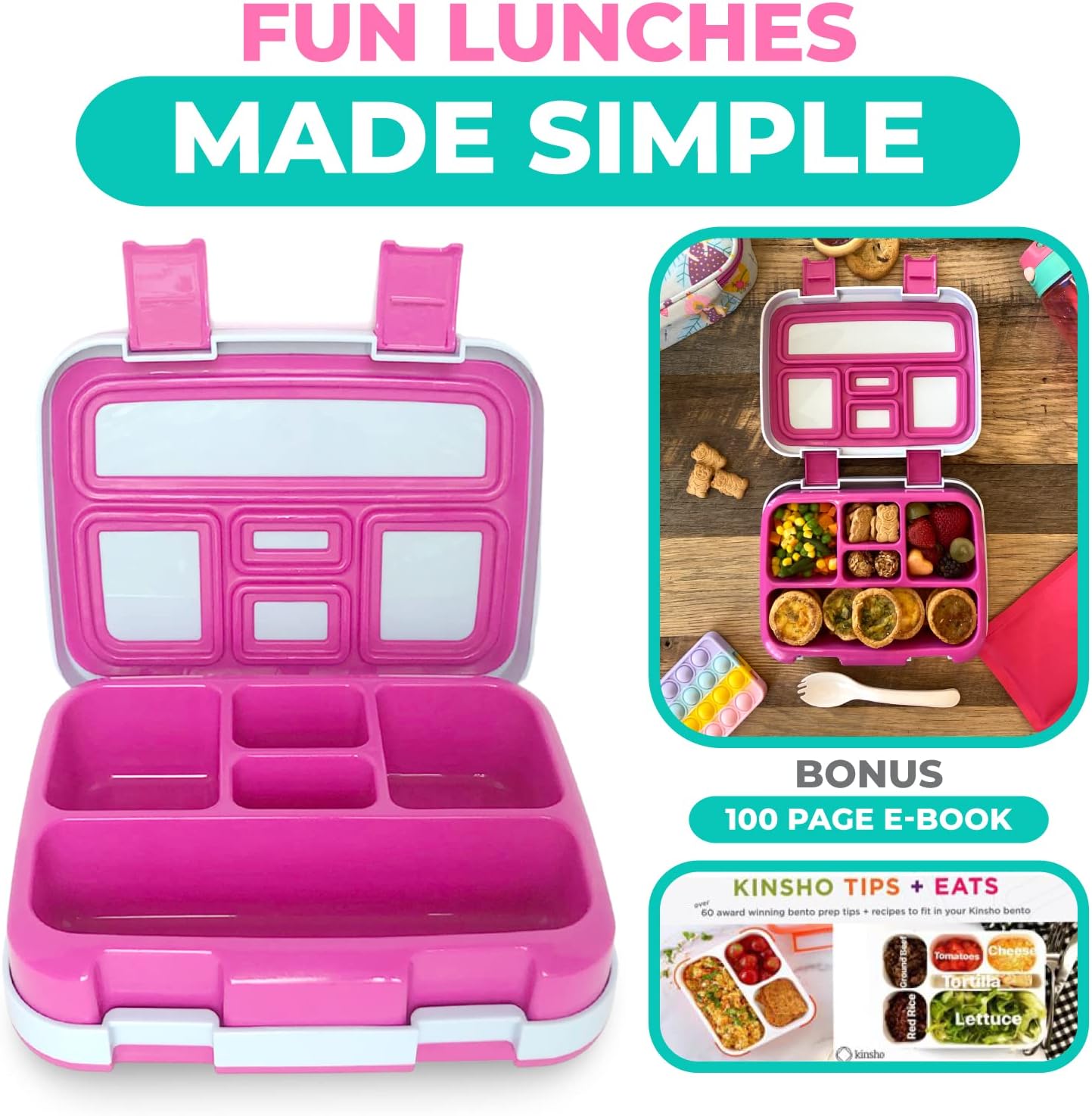 kinsho Bento Lunch Box for Kids Toddlers Girls, 5 Portion Sections Secure Lid, Microwave Safe BPA Free Removable Tray, Pre-School Kid Daycare Lunches Snack Container Ages 3 to 5, Pink Fairy Princess