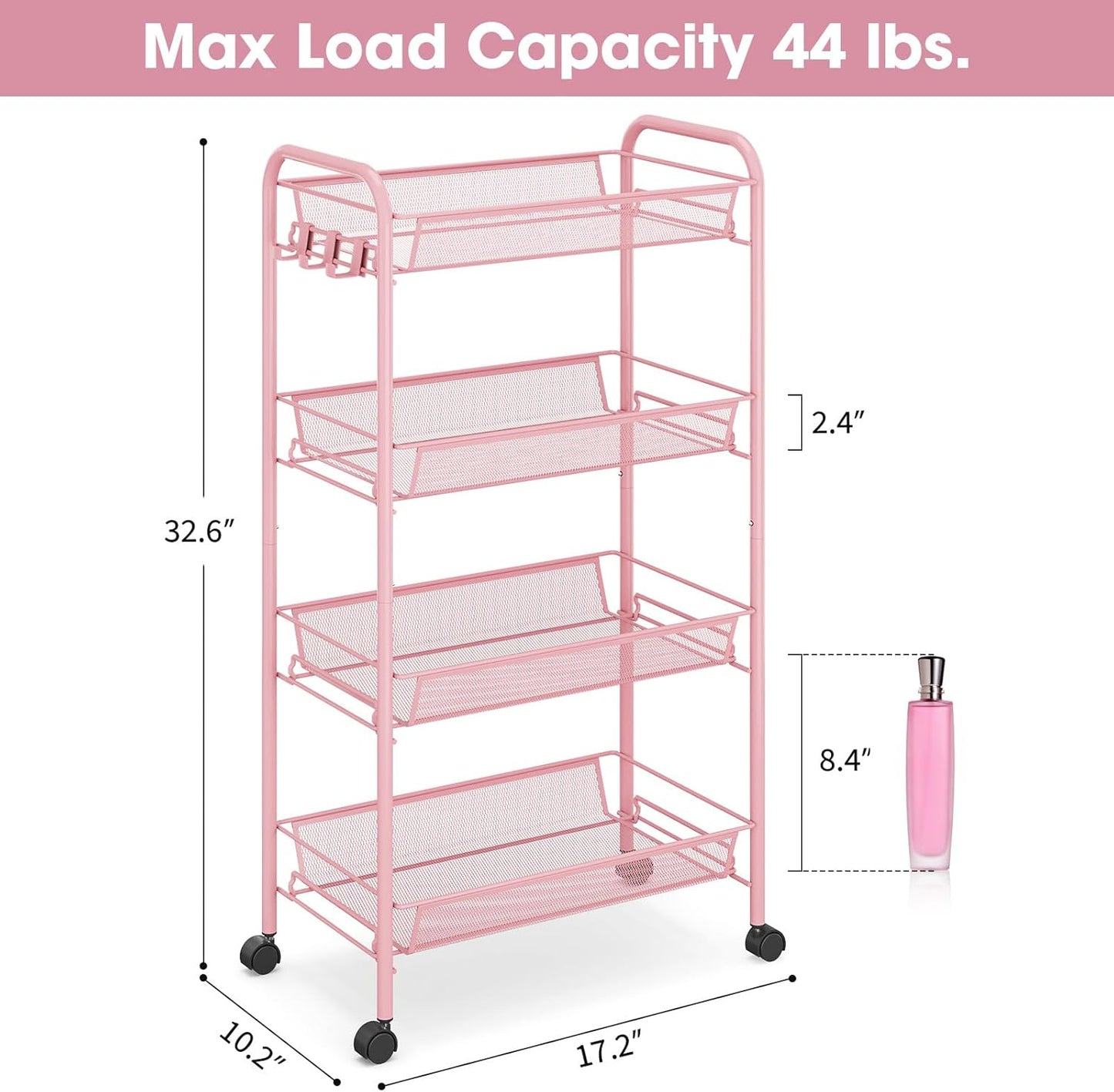 TOOLF 4 Tier Rolling Utility Cart - Durable Metal Design Pink Utility Cart, Storage Trolley on Wheels with 3 Hooks, Perfect for Kitchen, Bathroom & Laundry Room Organization