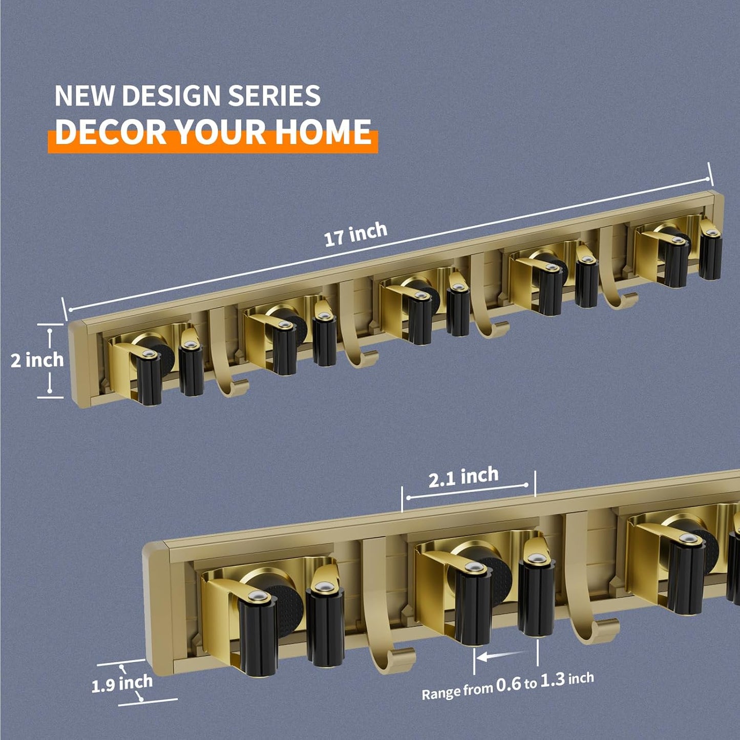 reliahom Broom Holder Wall Mount Mop and Broom Hanger Wall Mounted Garage Storage Rack Kitchen Garden Tool Organizer (5 Racks with 4 Hooks, Bronze)