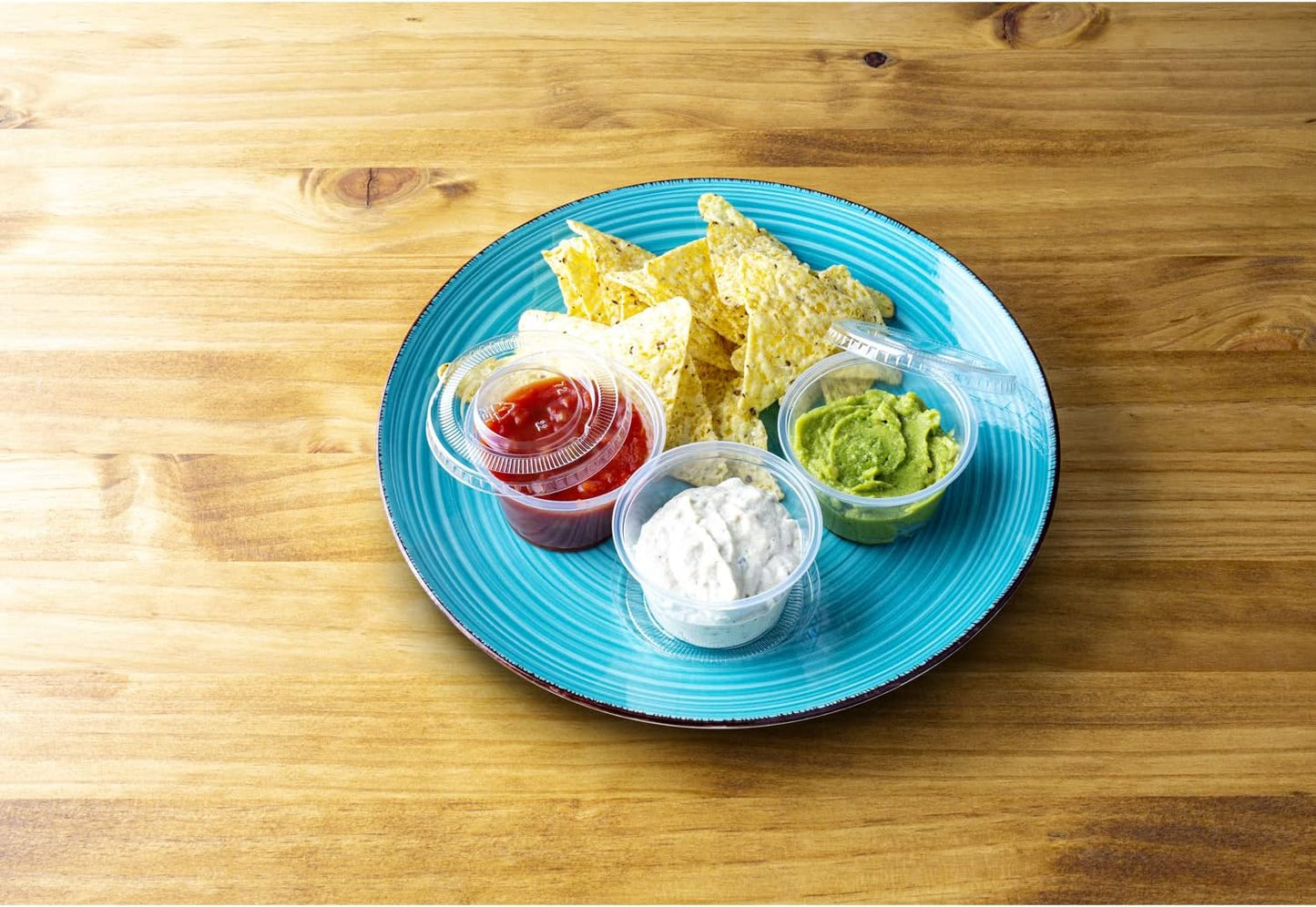 DuraHome Plastic Portion Cups with Lids 4 oz. & 5.5oz. Combo Pack of 150 Leakproof Jello Cup Mini Containers for Salad Dressing Sauce Condiment Snack Souffle and Salsa, Disposable, Interchangeable