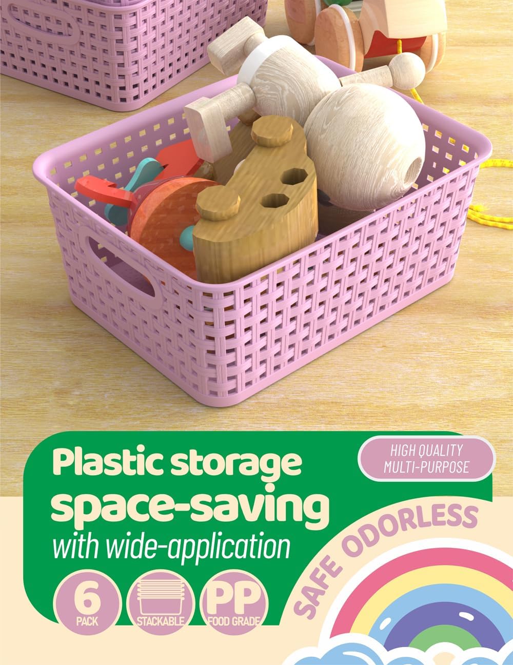 WYT 6-Pack Plastic Small Shelf Storage Weave Baskets Organizing for Cabinets and Pantries, Lavender Purple