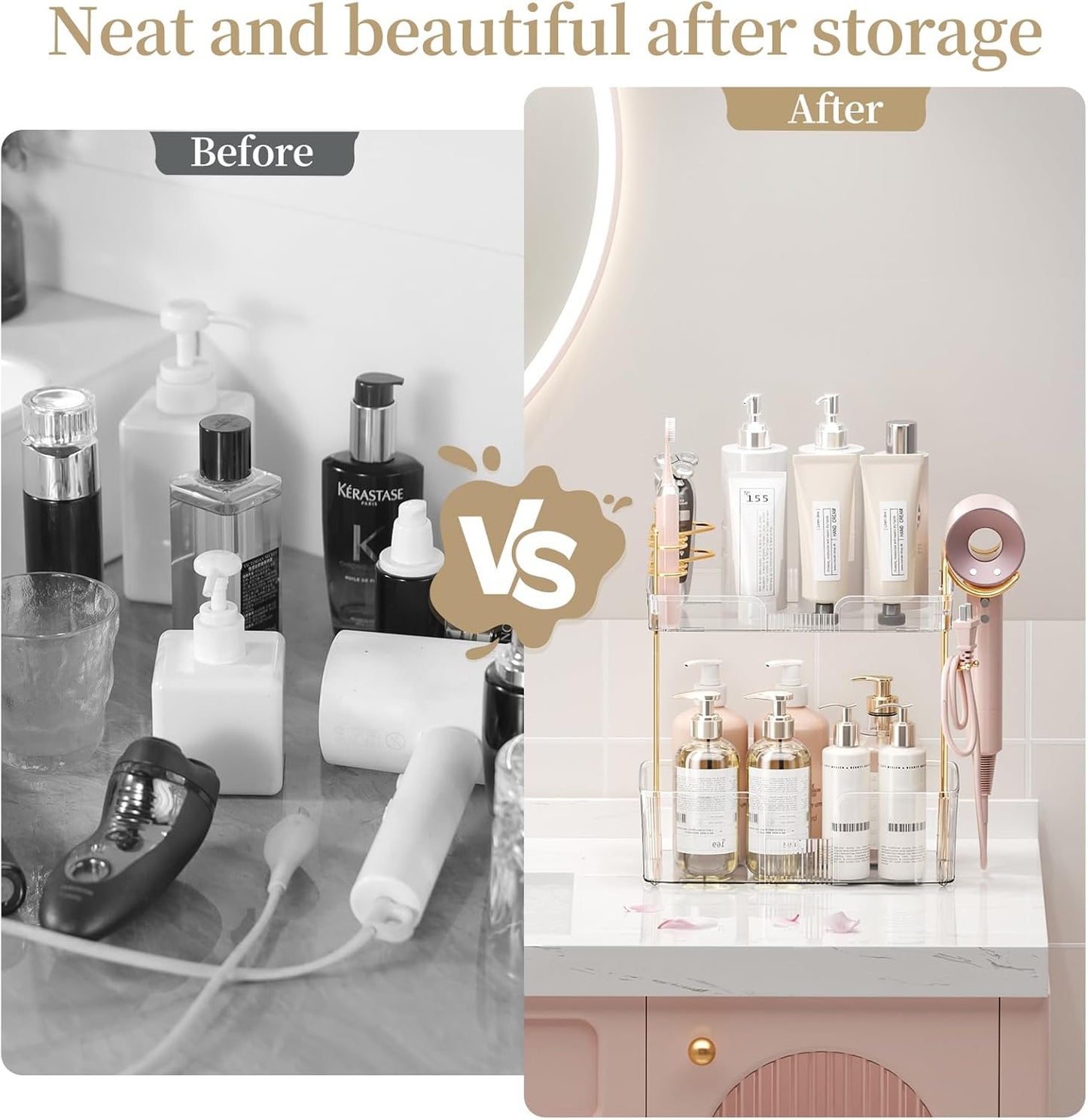 2-Tier Bathroom Counter Organizer with Hair Dryer Holder, Modern Style, Cosmetics & Skincare Shelf Organizer