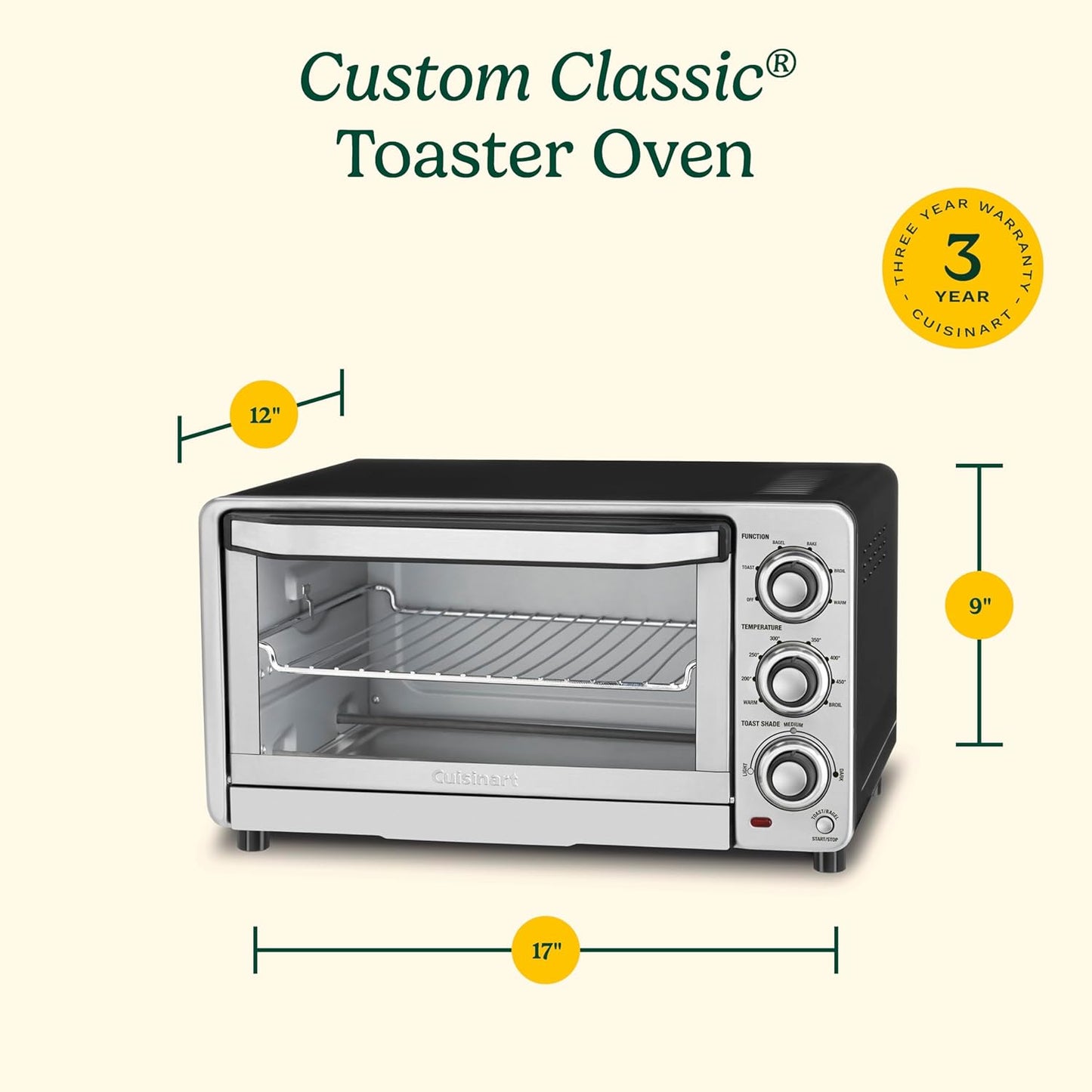 Cuisinart Custom Classic Toaster Oven Broiler, 1800 Watt Countertop Toaster Oven to Bake, Broil, and Toast, Non-Stick Interior, Consistent Toast Control, Brushed Stainless Steel/Black, TOB-40N