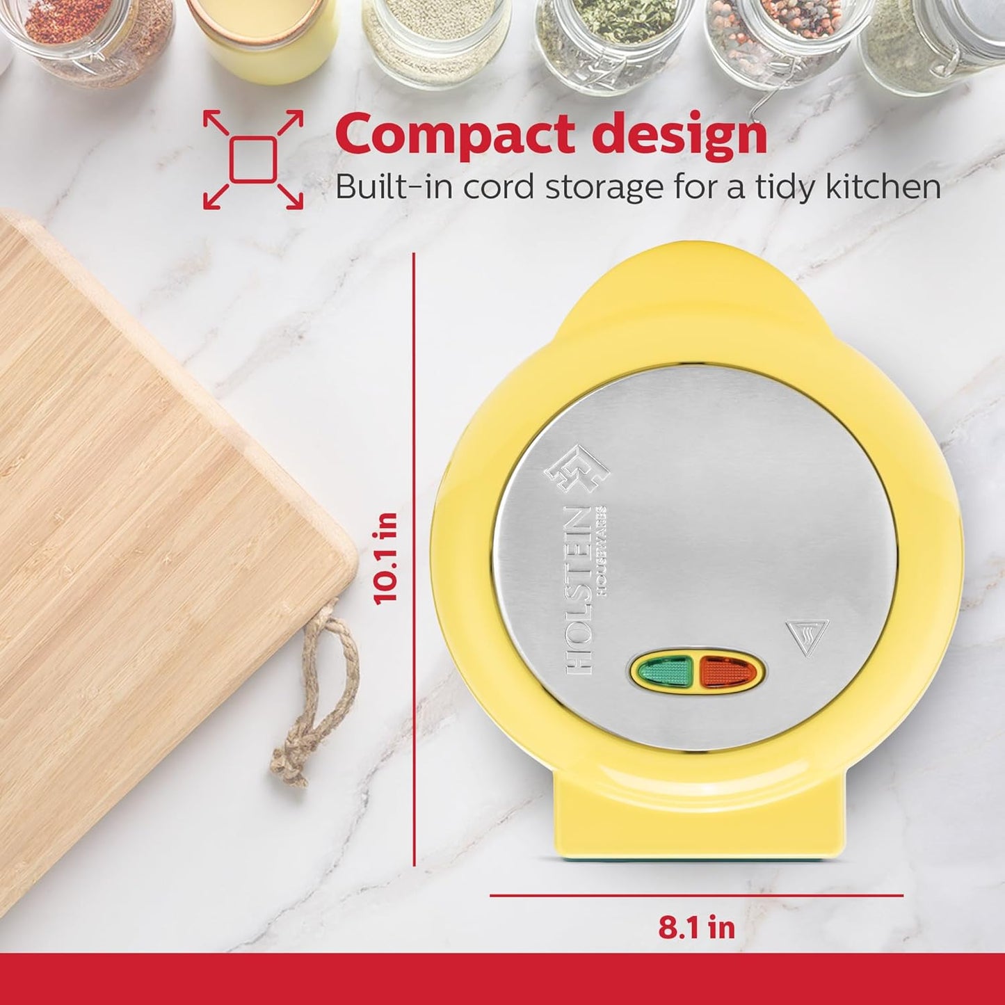 Holstein Housewares Stainless Steel 2 Section Omelet & Frittata Maker, Non Stick Coating, Easy To Clean, Indicator Lights, Compact Storage, Prepare Versatile Recipes in Minutes. 2 Portions, Yellow