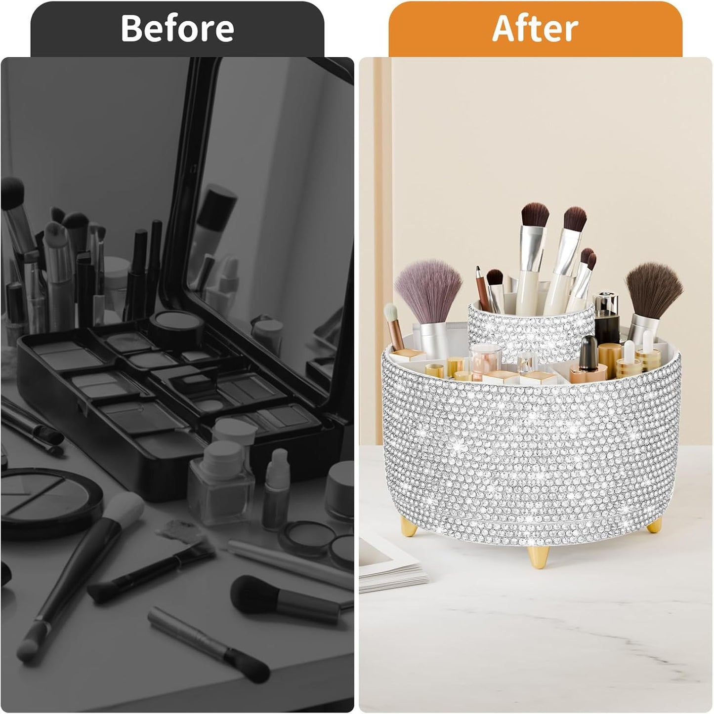 Bling 360° Rotate Makeup Brush Holder Organizer, Makeup Organizers Countertop, Makeup organization and Skincare Storage for Vanity, Gift for Women Girls (Bling dz-White)