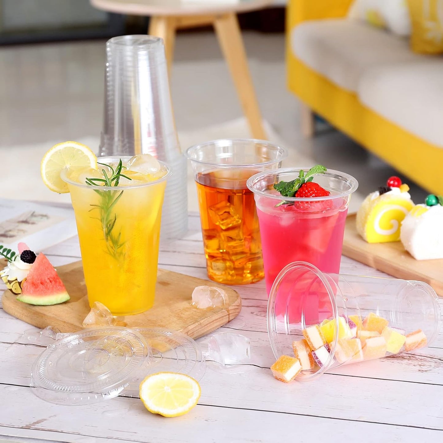 TashiBox Plastic Cups with Flat Lids 100 Sets 16 oz, Clear Crystal drink cups with lids