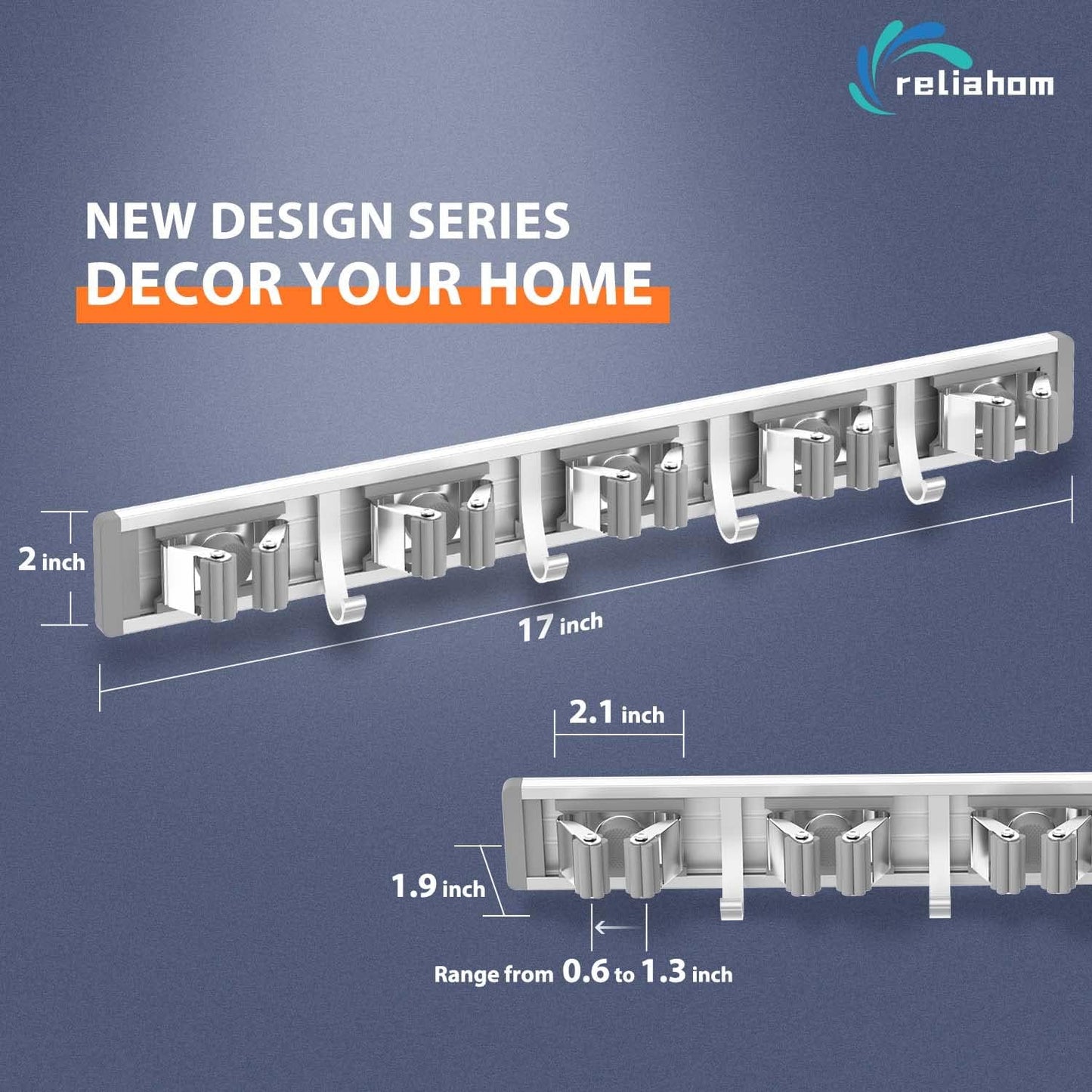 reliahom Broom Holder Wall Mount Mop and Broom Hanger Wall Mounted Garage Storage Rack Kitchen Garden Tool Organizer (5 Racks with 4 Hooks, Silver)