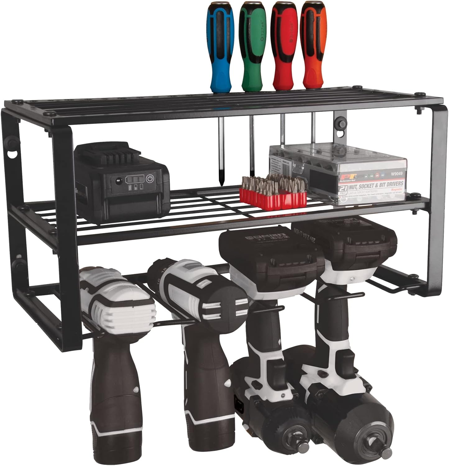 Performance Tool W7701 Power Tool Organizer Wall Mount - Hand Tool Storage Racks, Utility Racks, Drill Holder & More - 3 Tier Sturdy Iron 16" Cordless Tool Organizers