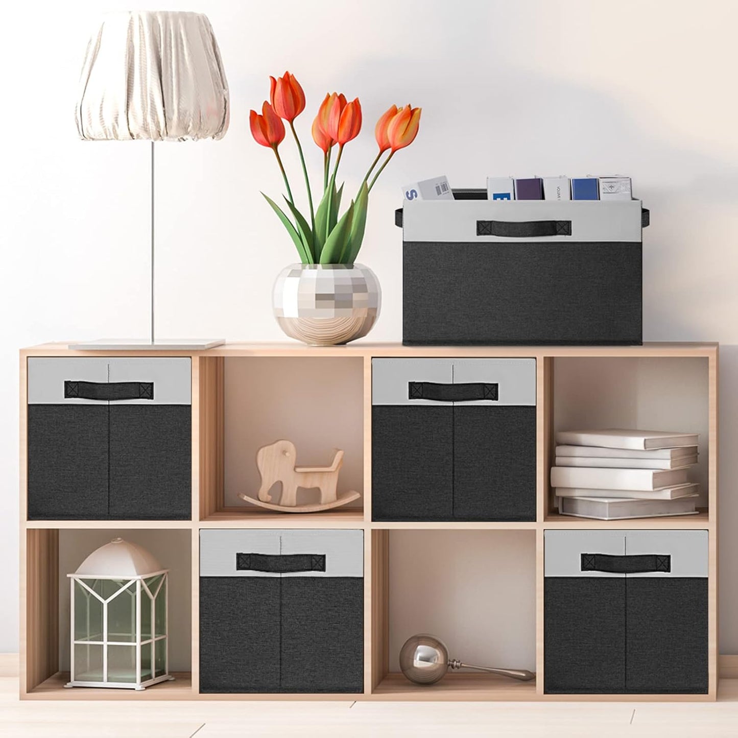 GhvyenntteS Large Storage Baskets for Shelves 3 Pack, Collapsible Fabric Storage Bins with 3 Handles, Decorative Closet Organizers and Storage bins for Clothes Blanket Beddings (Black, 15"x11"x9.6")