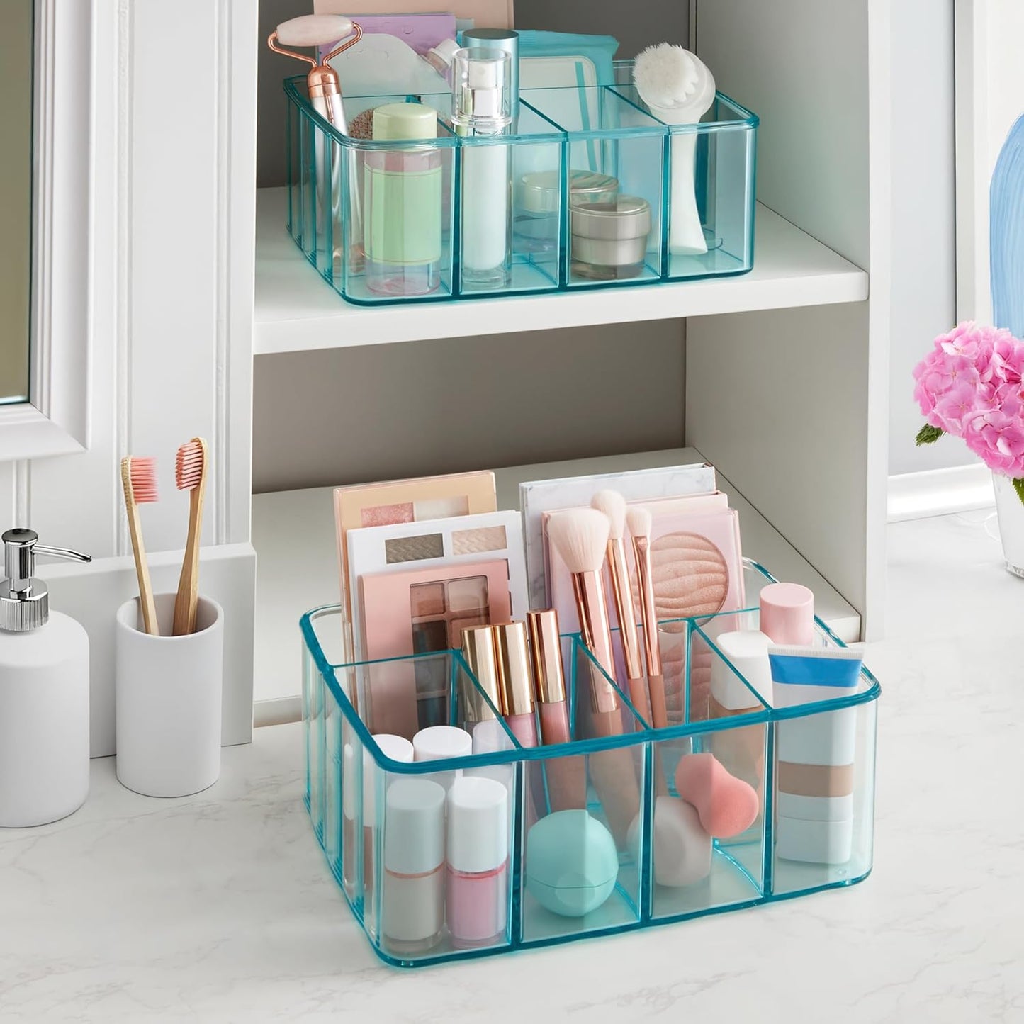 STORi 5-Compartment Plastic Organizer, Ocean Mist, Rectangular Divided Makeup and Vanity Storage Bin and Office Desk Caddy, Scalloped Wall Design, Made in USA