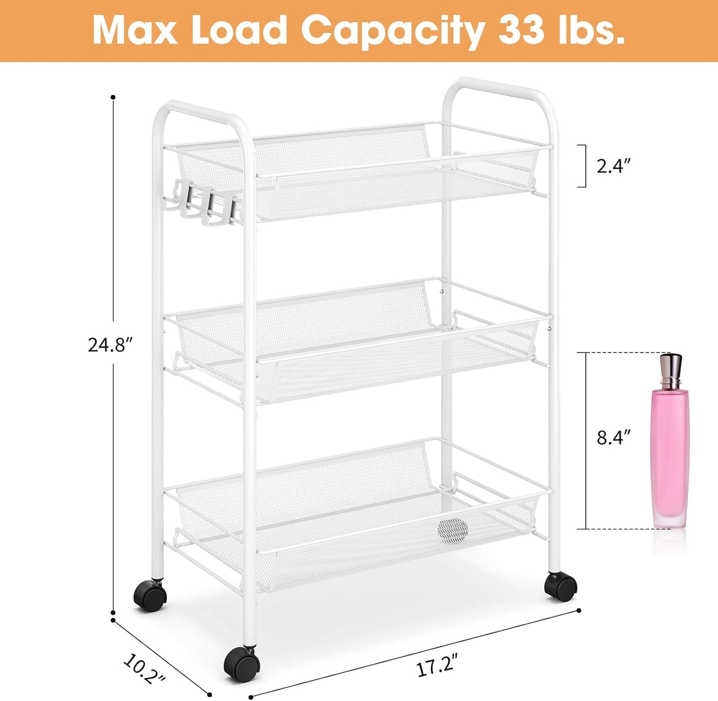 TOOLF 3-Tier Metal Rolling Cart, Mesh Wire Easy Assemble Utility Cart, Storage Trolley on Wheels with 3 Hooks, MetalStorage Shelving Units for Kitchen Bathroom Laundry Room