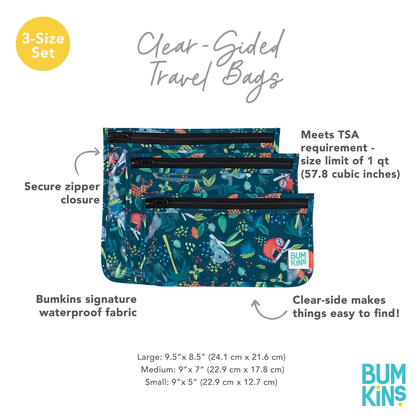 Bumkins Travel Bag, Toiletry, Baby, TSA Approved Pouch, Zip Bag, Quart Size Compliant, Clear-Sided, Diaper Bag Organization, Makeup, Accessories, Set of 3