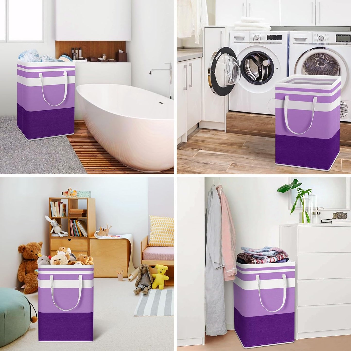 HomeHacks 2 Pack Large Laundry Baskets, Waterproof, Freestanding Laundry Hampers, Collapsible Clothes Hamper with Reinforced Handles in Laundry, College Dorm, Bathroom, Bedroom (Purple, 75Lx2)