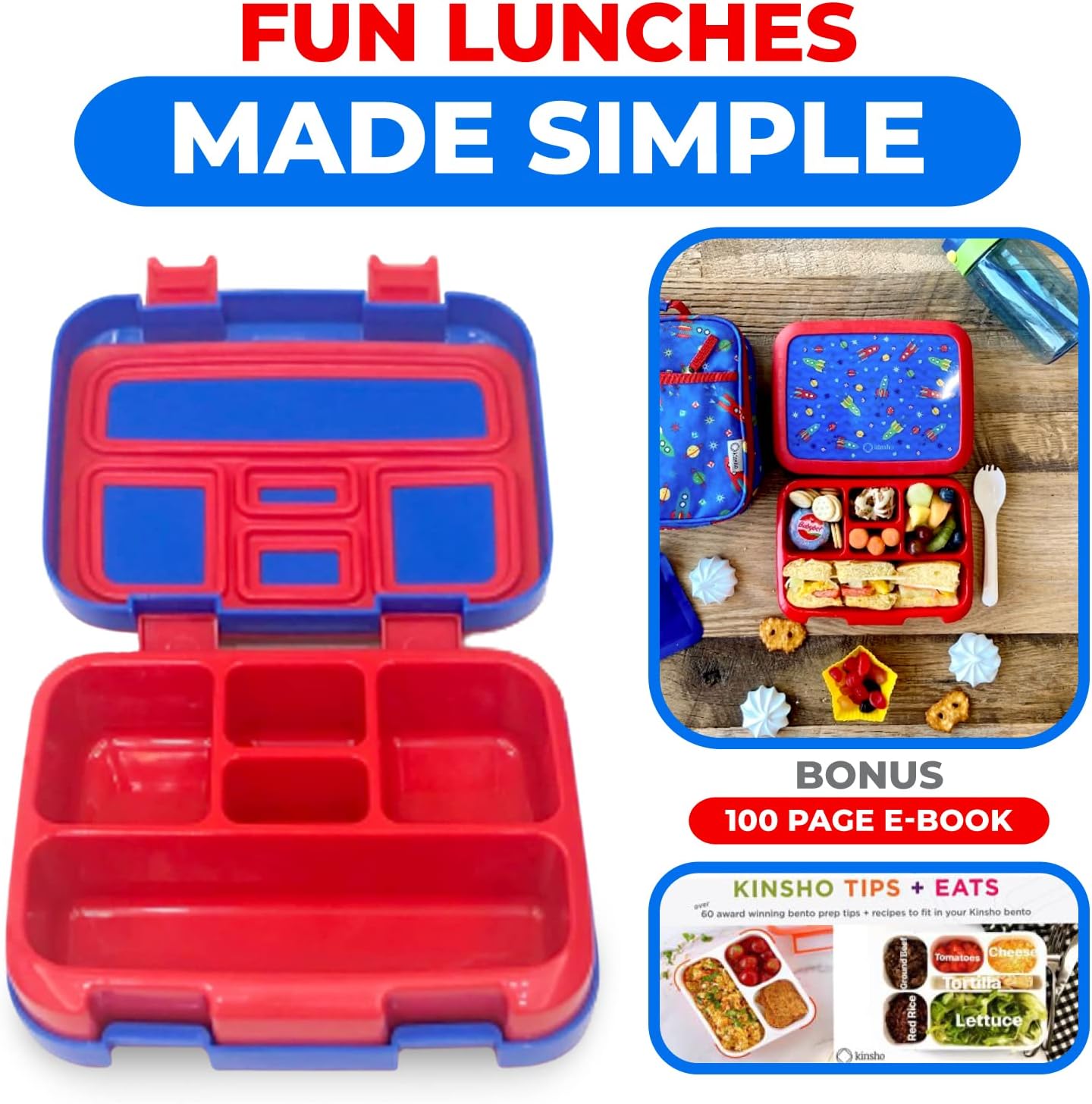 Kinsho Bento Lunch Box for Kids Toddlers, 5 Portion Control Sections, BPA Free Removable Plastic Tray, Pre-School Kid Toddler Daycare Lunches, Snack Container Ages 3 to 7 (Blue Space Rockets)