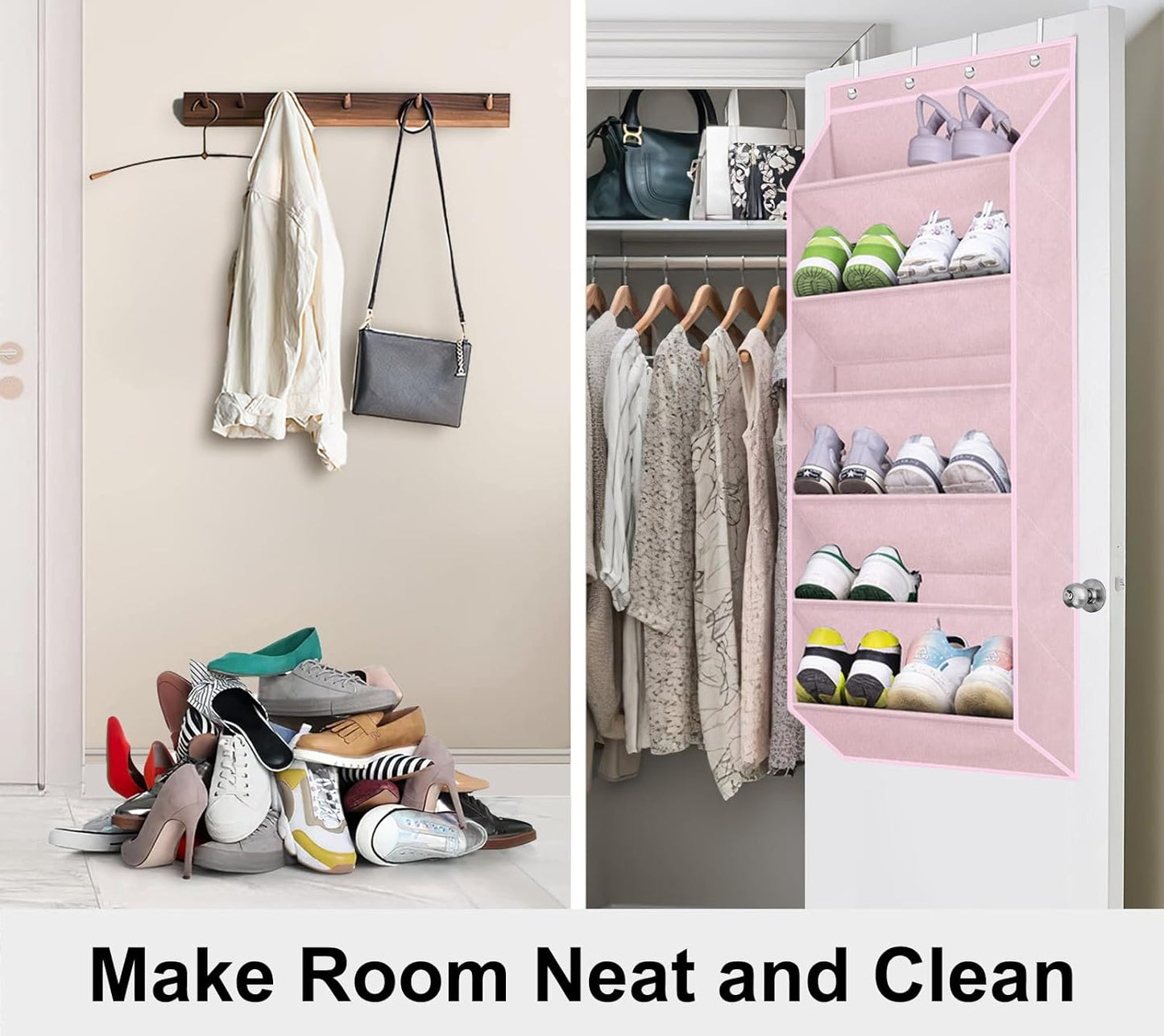 SLEEPING LAMB Over The Door Shoe Rack with Large Deep Pockets, Kids Shoe Organizer for Closet Door, Narrow Hanging Boots Storage, Pink