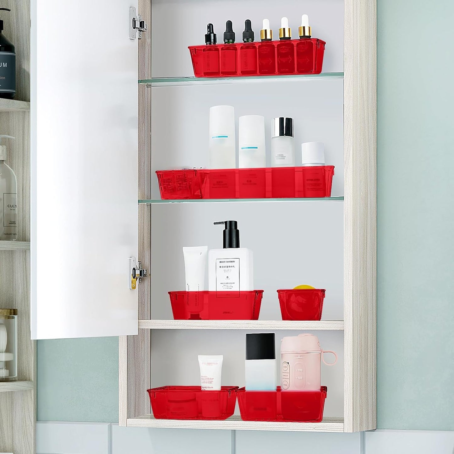 WOWBOX 25 PCS Plastic Drawer Organizer Set, 4 Sizes Desk Drawer Divider Organizers and Storage Bins for Makeup, Jewelry, Gadgets for Kitchen, Bedroom, Bathroom, Office, Clear Red