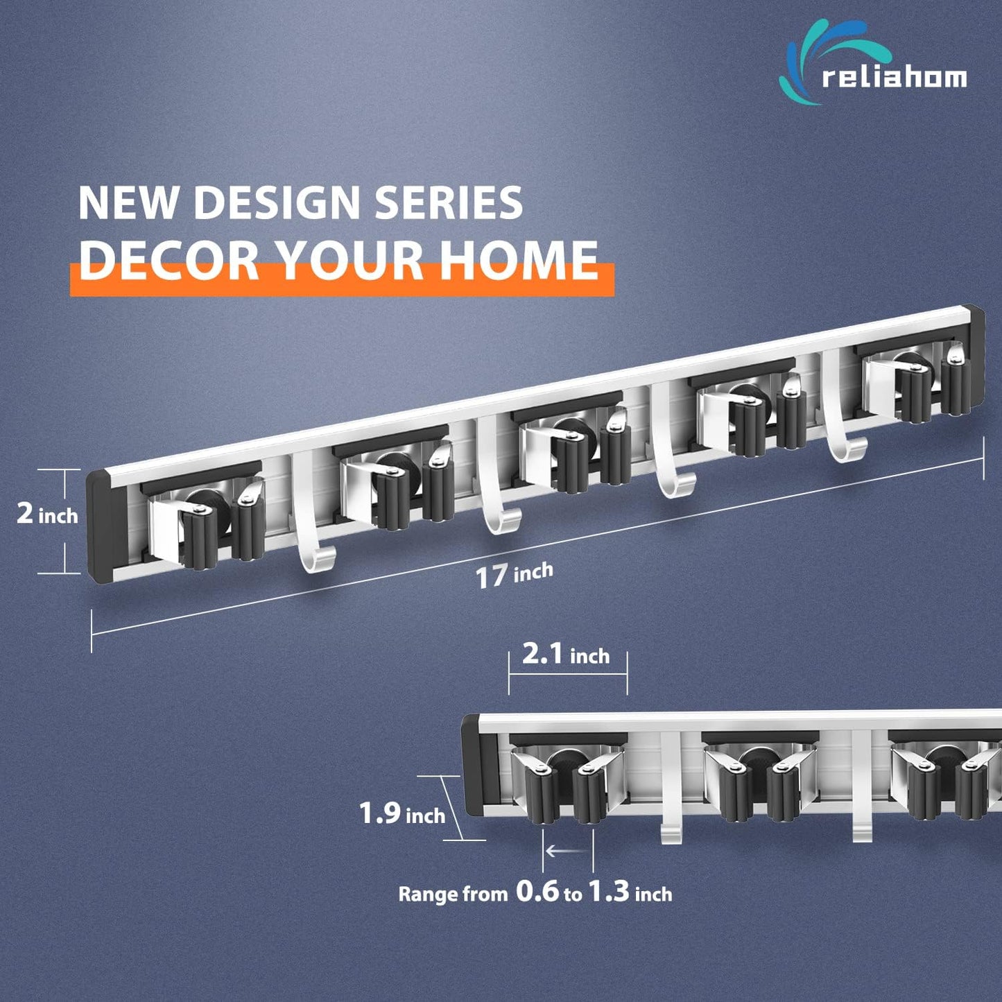 reliahom 2 Pack Broom Holder Wall Mount Mop and Broom Hanger Wall Mounted Garage Storage Rack Kitchen Garden Tool Organizer (5 Racks with 4 Hooks, Black)