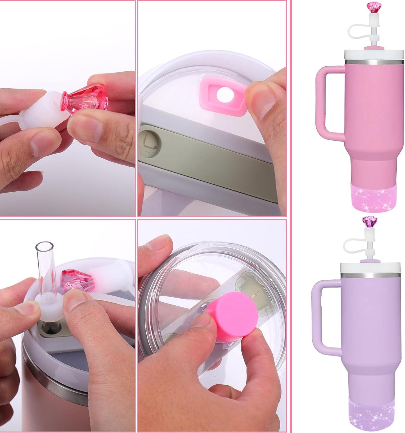 Mity rain Set for Stanley Cup Accessories, Including 2Pcs Diamond Straw Topper, 4 Pcs Silicone Spill Proof Stopper, 2Pcs Protective Glitter Silicone Boot,Set for Stanley Cup 40/30 OZ(Pink+purple)