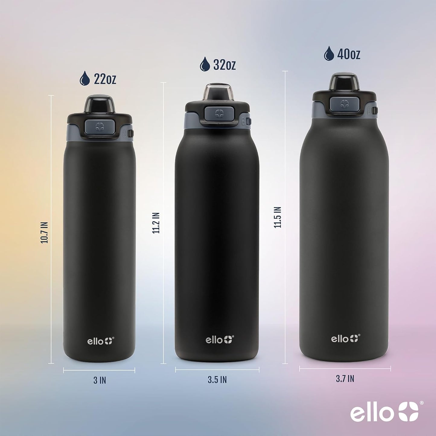 Ello Pop & Fill Stainless Steel Water Bottle with Quick Fill Technology, Double Walled Vacuum Insulated Metal, Leak Proof Locking Lid, Sip & Chug, BPA Free, Holiday Gift for Him Her, 22oz, 32oz, 40oz