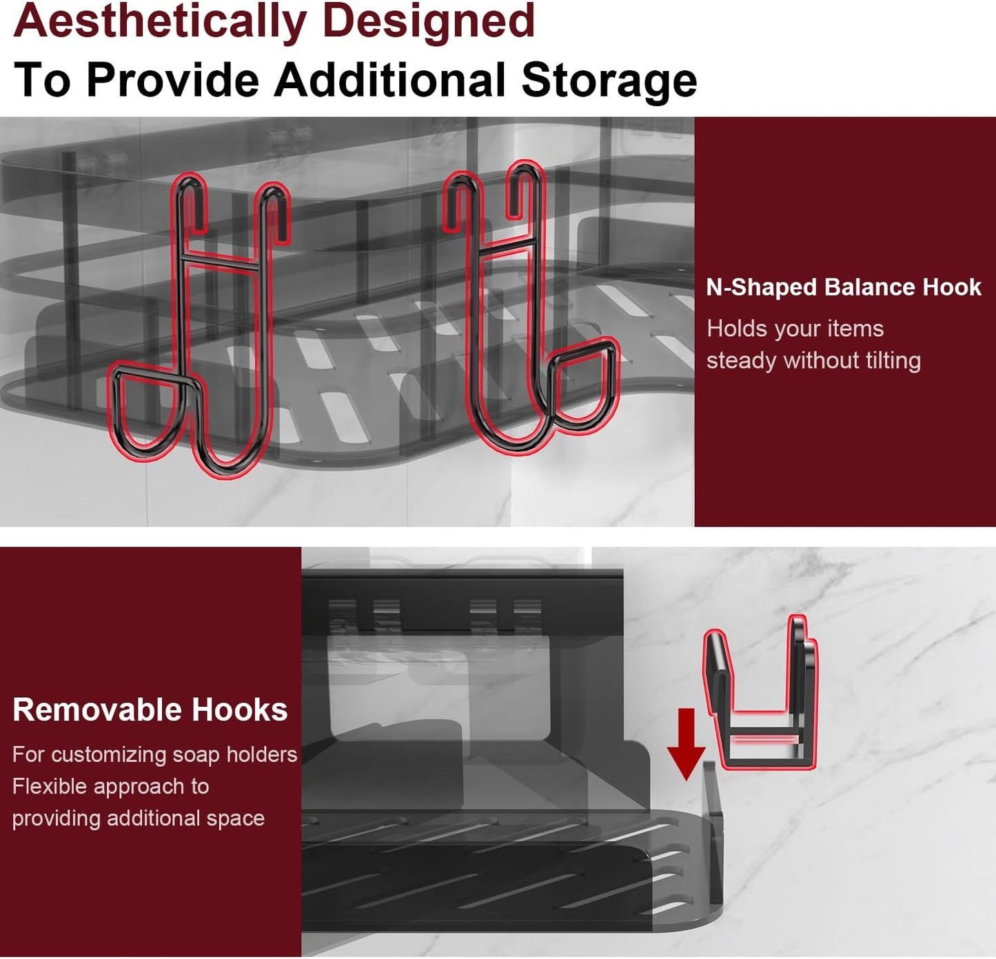 Large Capacity Shower Caddy, Heavy-Duty Adhesive Shower Organizers with Custom Aesthetic Design Soap, No Drilling Corner Shower Shelves, 5 Hooks for Bathroom Accessories - 3 Pack