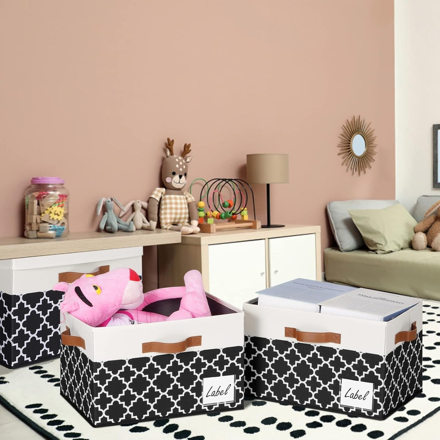 GhvyenntteS Fabric Storage Bins with Lids 3 Pack, Foldable Fabric Storage Boxes with Lids and 3 Handles, Sturdy Closet Organizers and Storage Bins with Label Window for Home (White&Lattice Black)